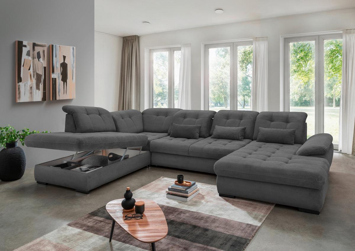 Wohnlandschaft mit Bettkasten Rigatti Grau B: 387 cm - Schwarz/Grau, MODERN, Textil (252/387/184cm) - Livetastic