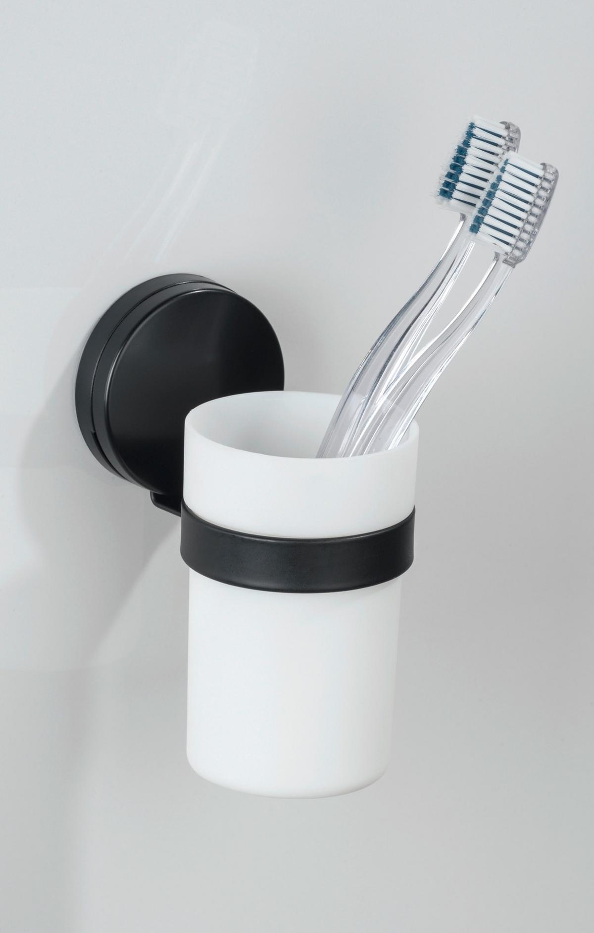 Zahnputzbecher Static Loc Plus Pavia 24895100 - Schwarz/Weiß, MODERN, Metall (6/12/9cm) - Wenko