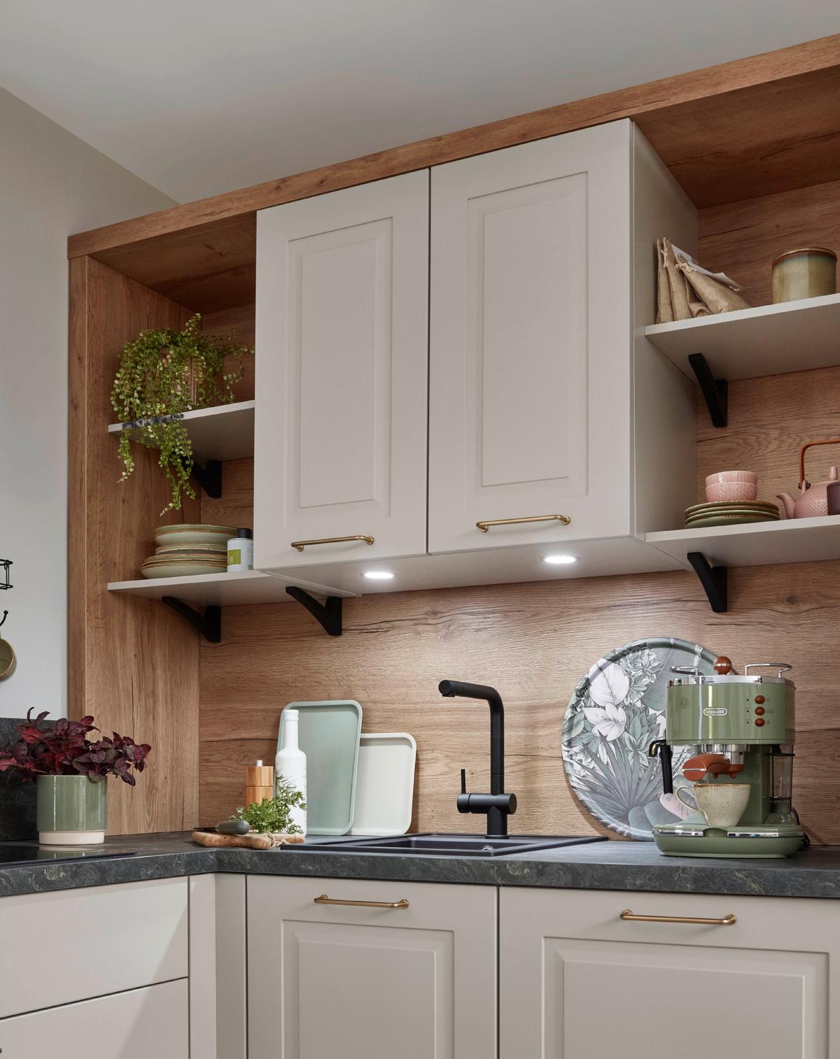 Eckküche Springfield - Sandfarben/Grasgrün, ROMANTIK / LANDHAUS, Holzwerkstoff (165/270cm) - Vertico