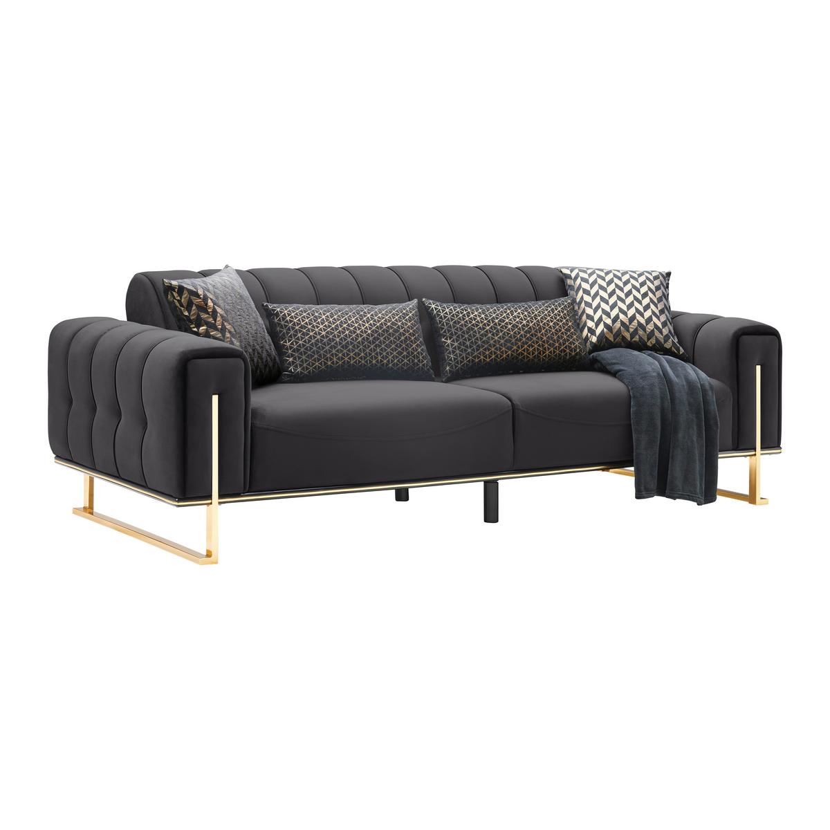Trojmiestna pohovka AILE, čierny zamat, s vankúšmi - čierna/zlatá, Lifestyle, textil (244/80/90cm) - Mömax