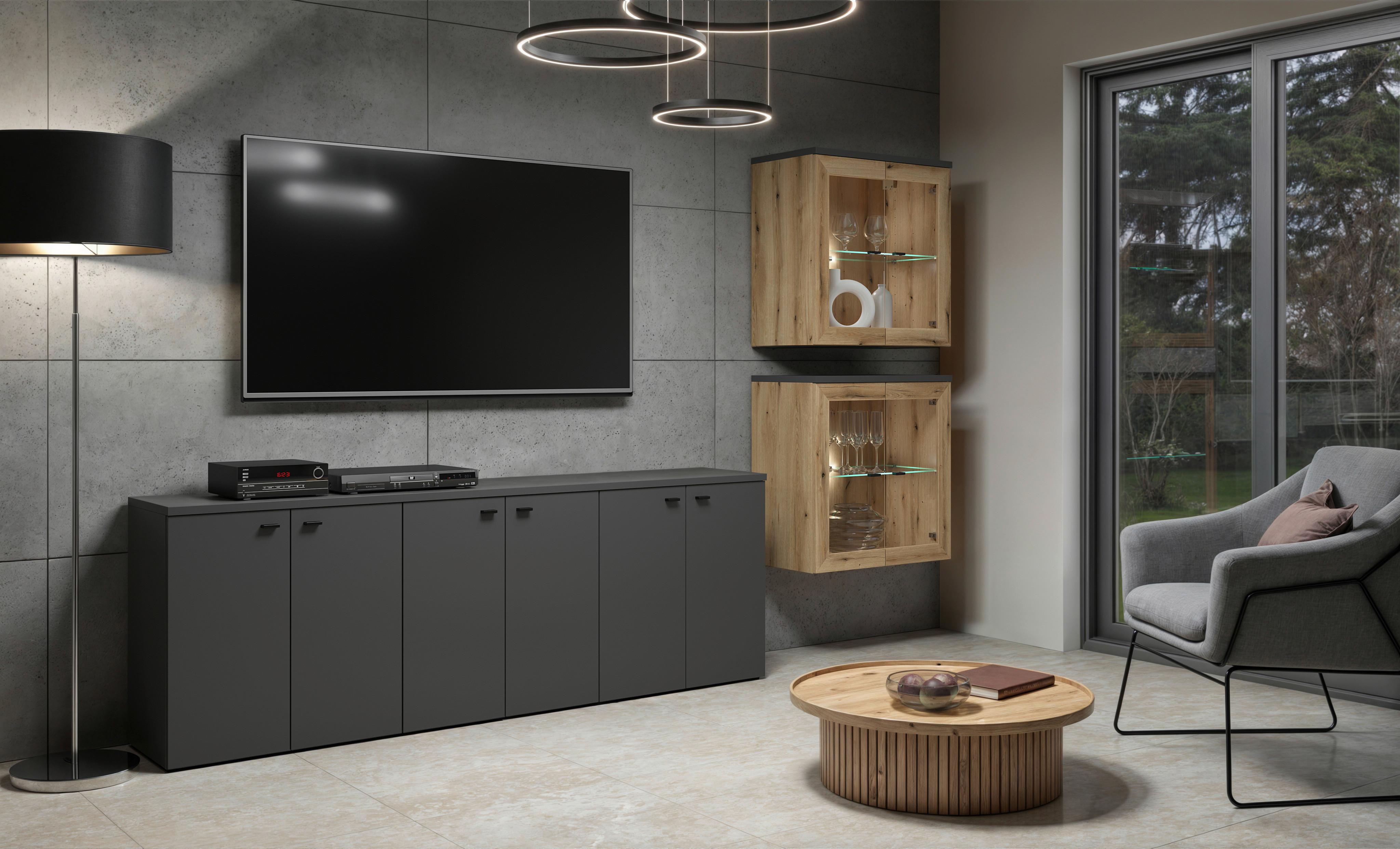 Stapelprogramm Sixty-Four - Eichefarben/Anthrazit, Trend, Holzwerkstoff (256/160/35cm)