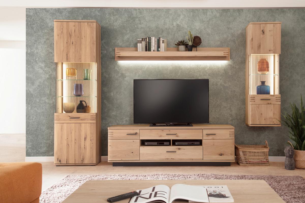 Wohnkombination teilmassiv 4--teilig. Salvador Eichefarben - Eichefarben/Schwarz, Design, Glas/Holz (305/208/50cm) - Livetastic