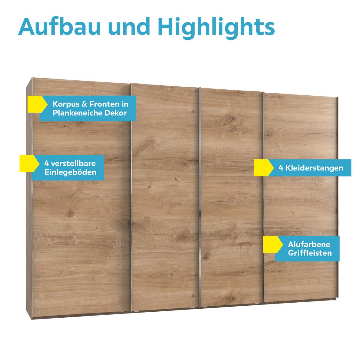 Schwebetürenschrank 350cm Level 36a, Eiche Dekor - Eichefarben, Basics, Holzwerkstoff (350/216/65cm) - MID.YOU