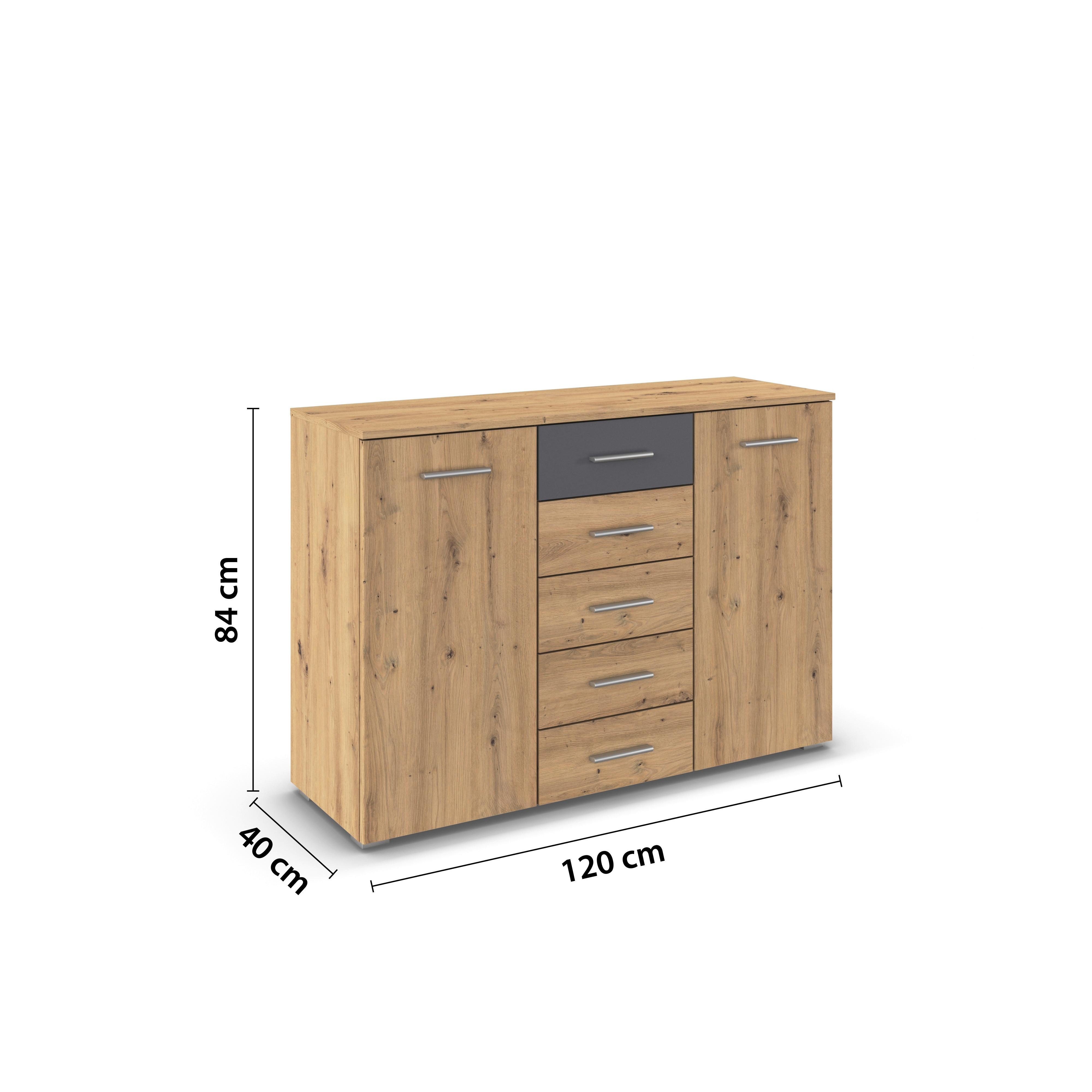 Kommode Foster Eiche Artisan Dekor, B: 120cm - Alufarben/Eiche Artisan, KONVENTIONELL, Holzwerkstoff (120/84/40cm)