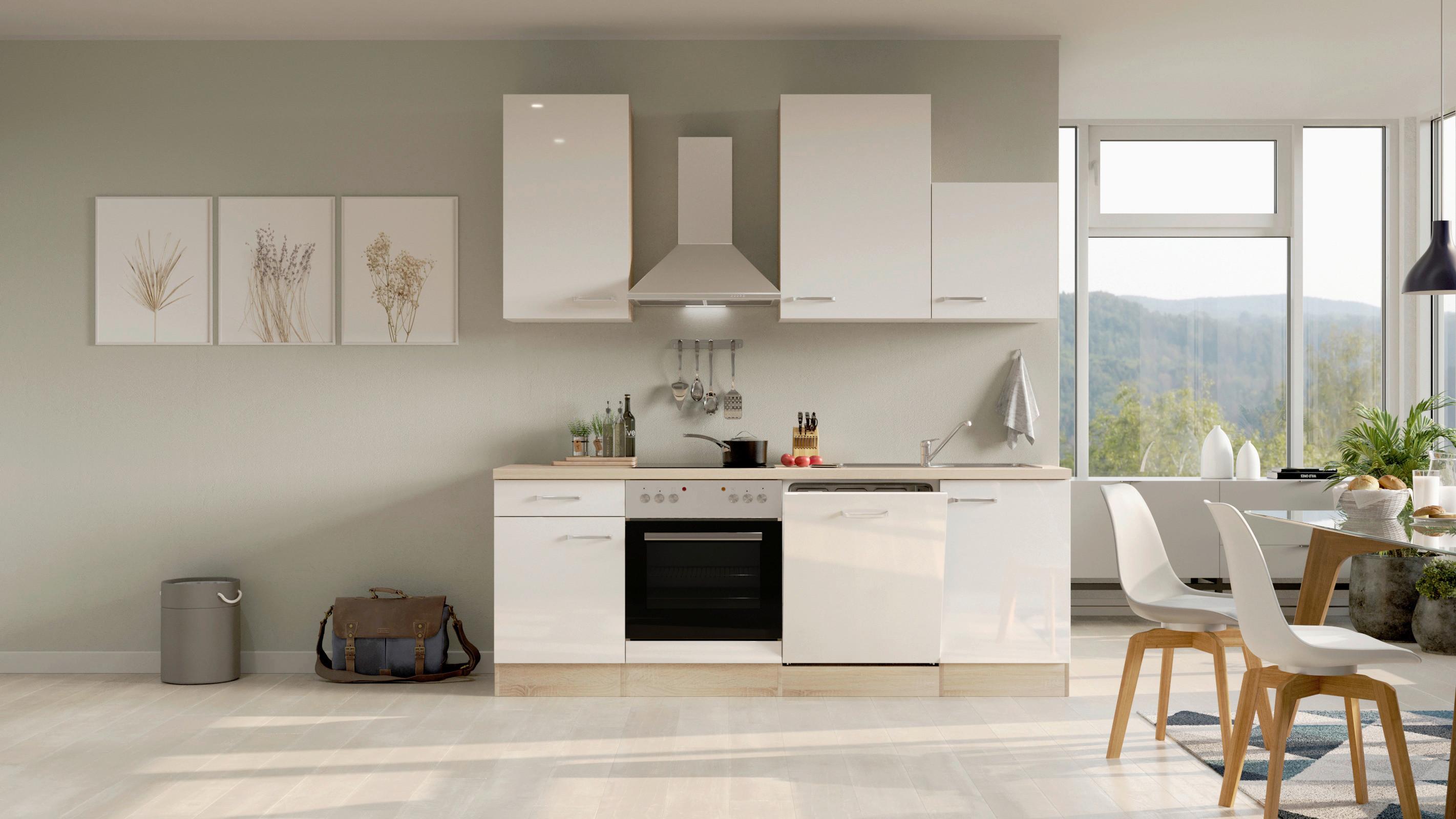 Küchenblock Valero Sonoma Eiche/Weiß B: 220 cm - Weiß Hochglanz/Sonoma Eiche, MODERN, Holzwerkstoff (220cm) - FlexWell