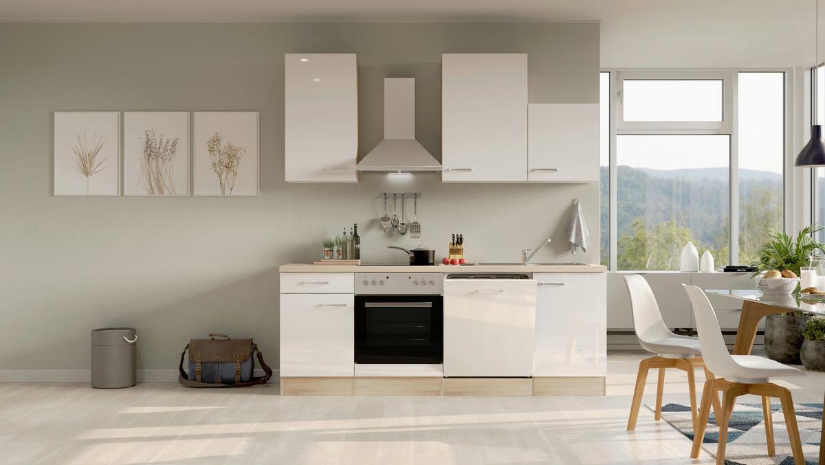 Küchenblock Valero Sonoma Eiche/Weiß B: 220 cm - Weiß Hochglanz/Sonoma Eiche, MODERN, Holzwerkstoff (220cm) - FlexWell