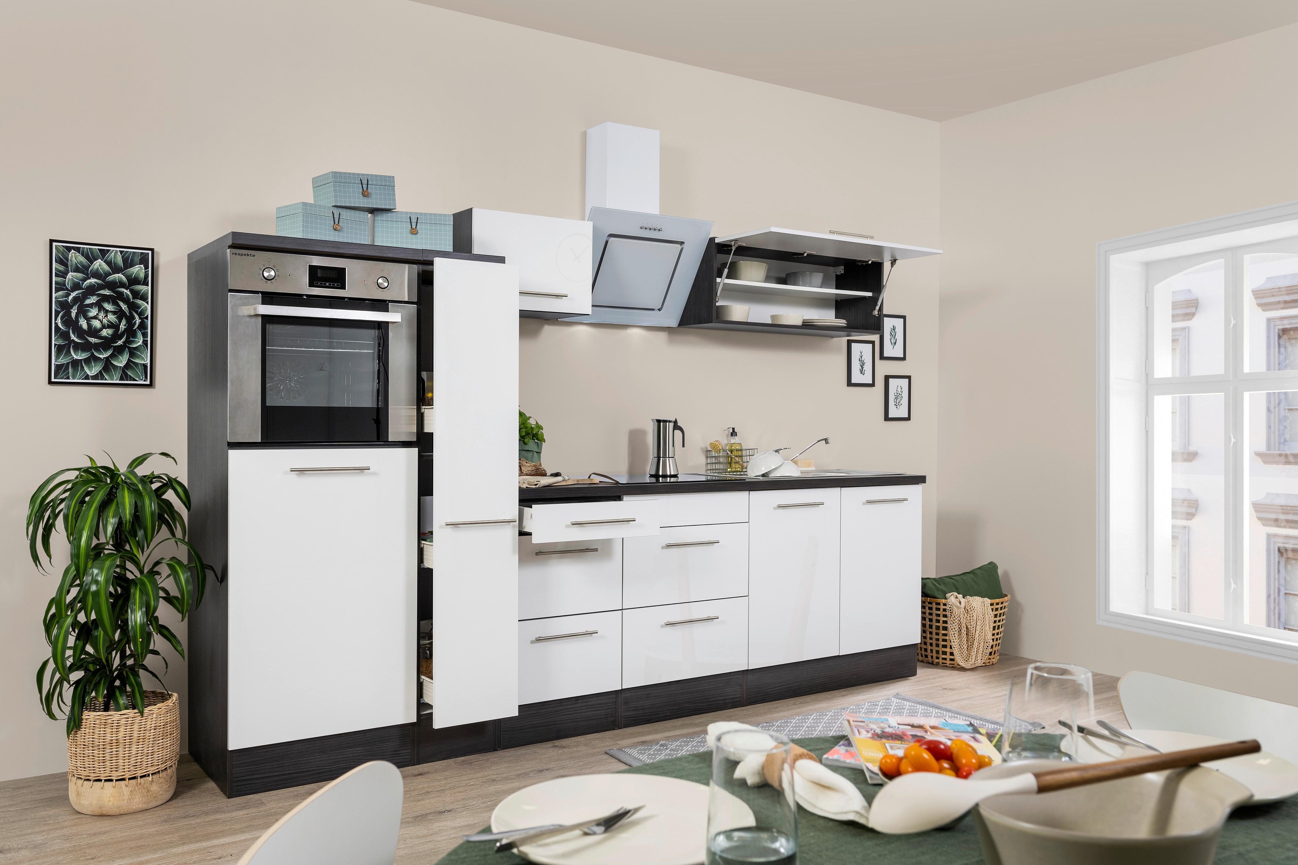 Küchenzeile mit Geräten 300 cm Weiß Hochglanz/Eiche Grau - Eichefarben/Weiß, Basics, Holzwerkstoff (300cm) - Respekta