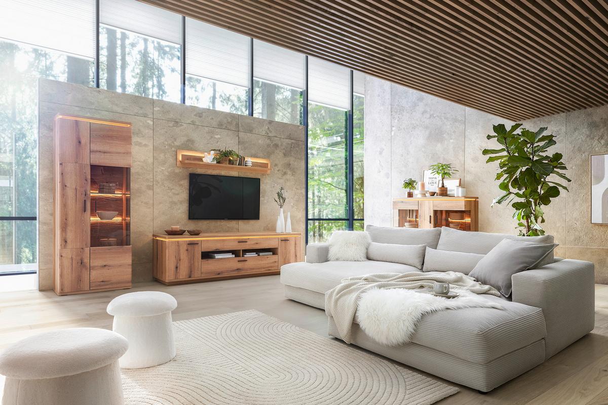 KOMODA POD TELEVIZI ALAMEDA -TOP- -BASED- - barvy dubu/antracitová, Moderní, kov/kompozitní dřevo (210/65/50cm) - Based