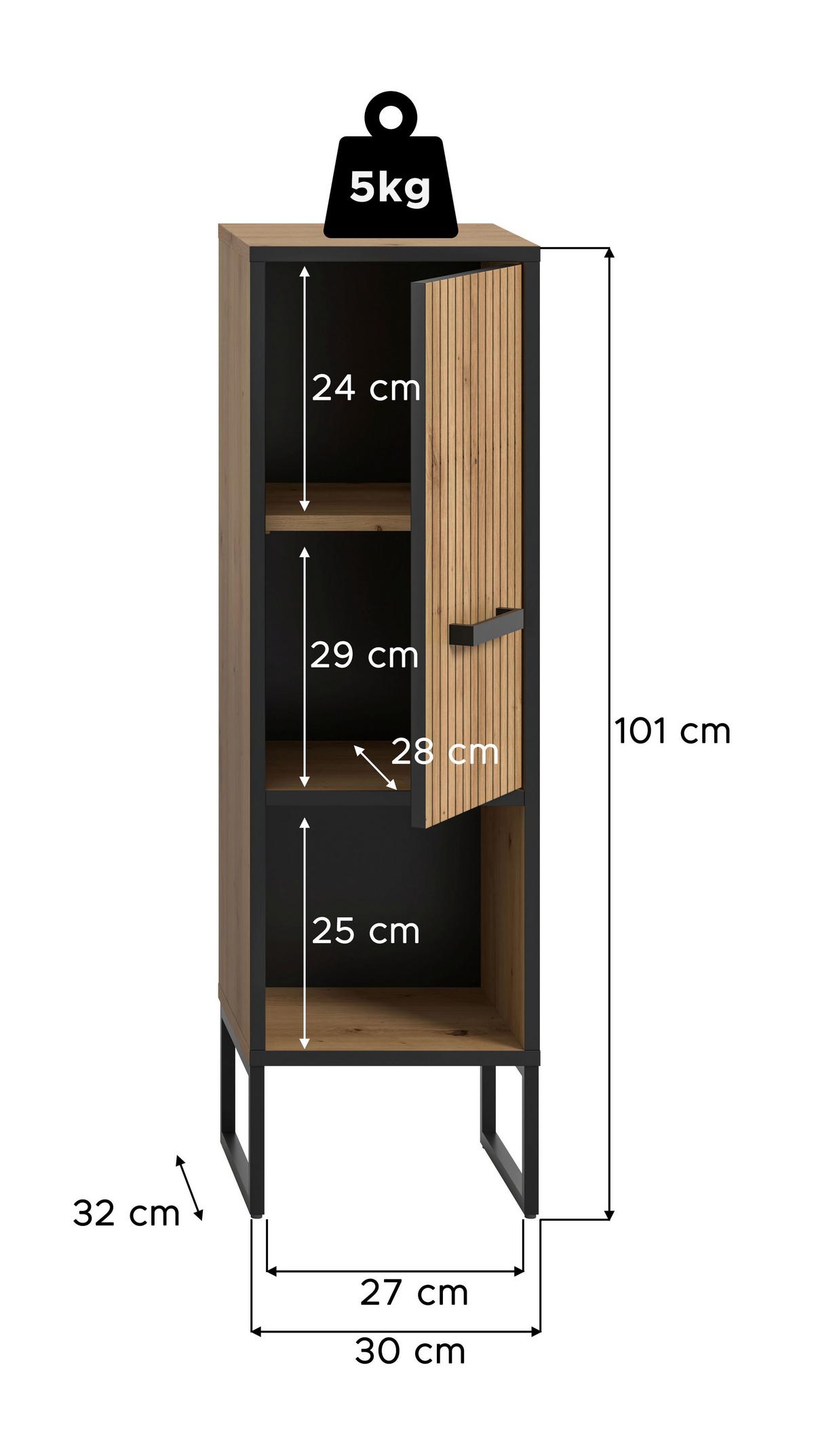 Midischrank Bagno Schwarz /Eiche Artisan Dekor B: 30cm - Schwarz/Eiche Artisan, Trend, Holzwerkstoff (30/101/32cm) - MID.YOU
