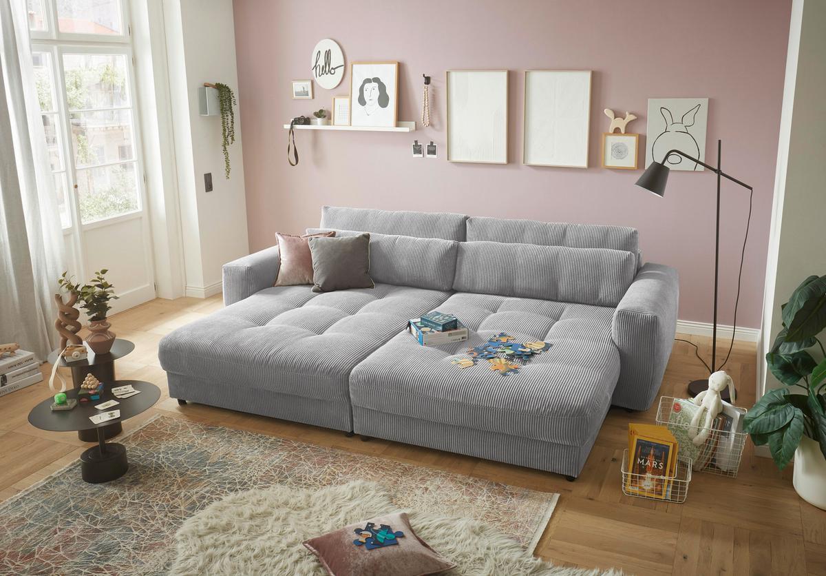 Big Sofa Barura Loveseat Mit Kissen B: 292 Cm Hellgrau Cord - Hellgrau/Schwarz, KONVENTIONELL, Holzwerkstoff/Textil (292/90/194cm) - MID.YOU