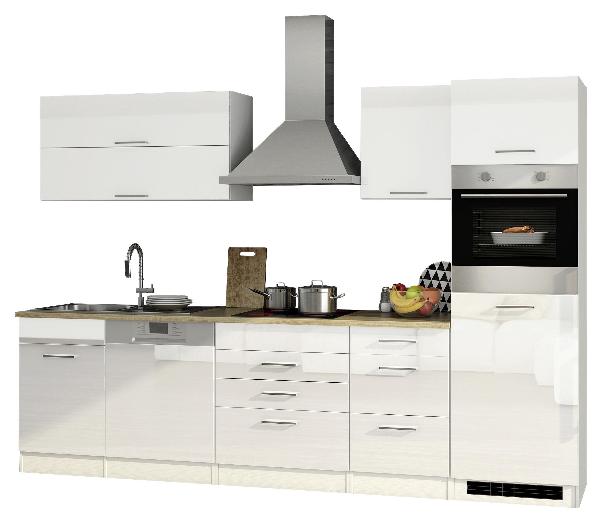 Küchenzeile Mailand mit Geräten 300 cm Weiß Elegant - Weiß Hochglanz/Eichefarben, MODERN, Holzwerkstoff (300cm) - Held