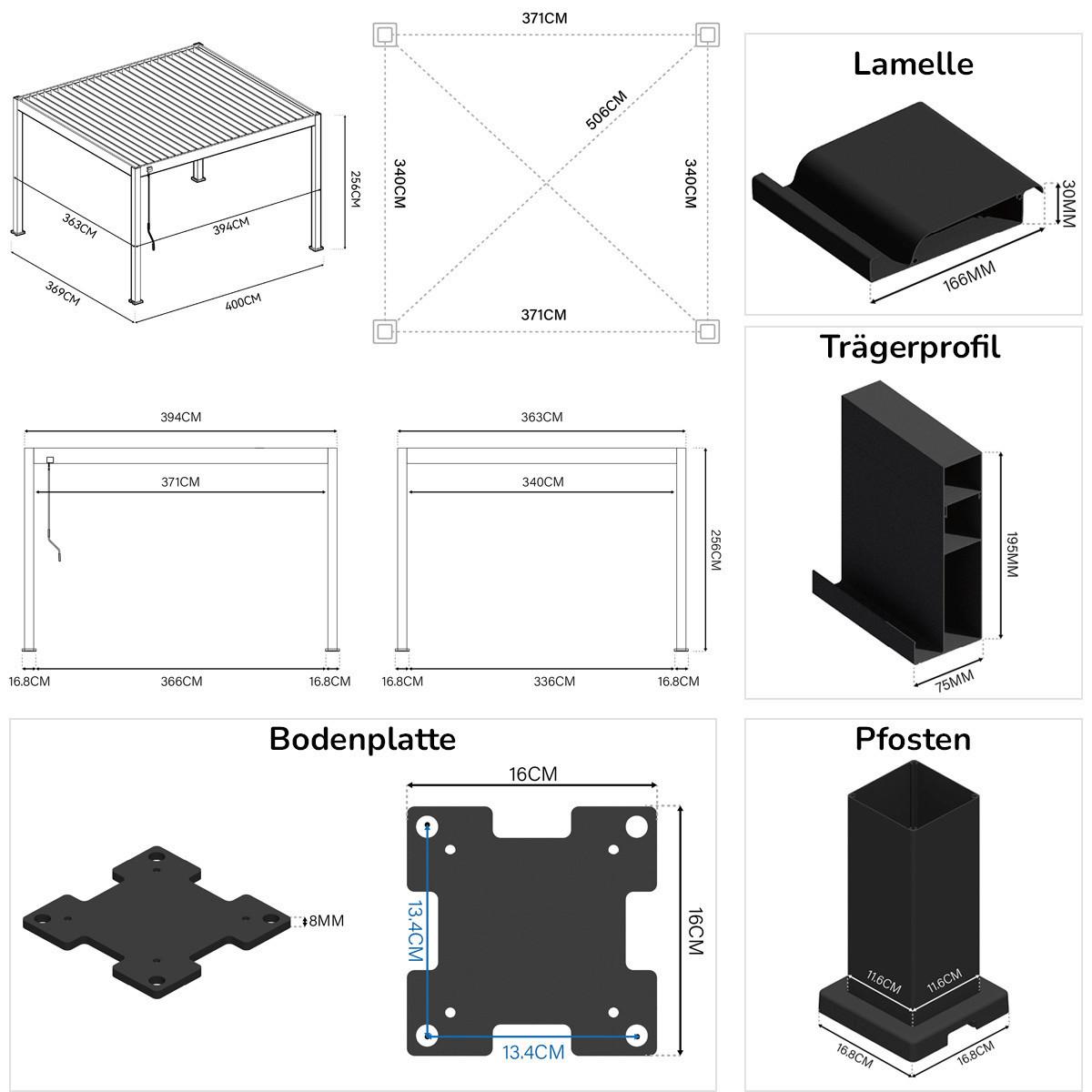 Pergola 360x400 Cm Wetterbeständig, Graphitfarben - Graphitfarben, Basics, Metall (360/400/255cm)