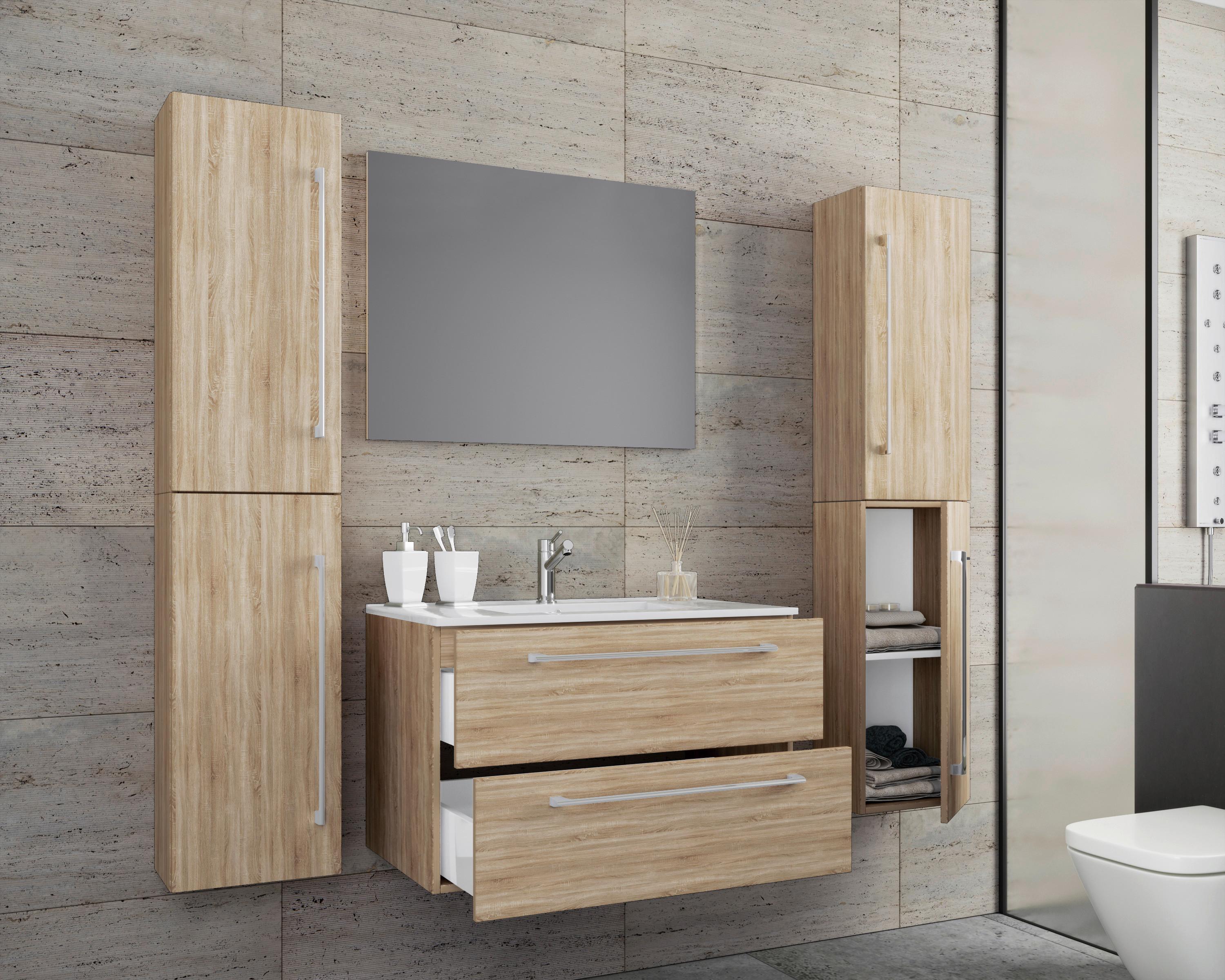 Badezimmer Badinos 5-Teilig Sonoma Eiche B: 146 cm - Weiß/Sonoma Eiche, MODERN, Keramik/Holzwerkstoff (147cm) - MID.YOU