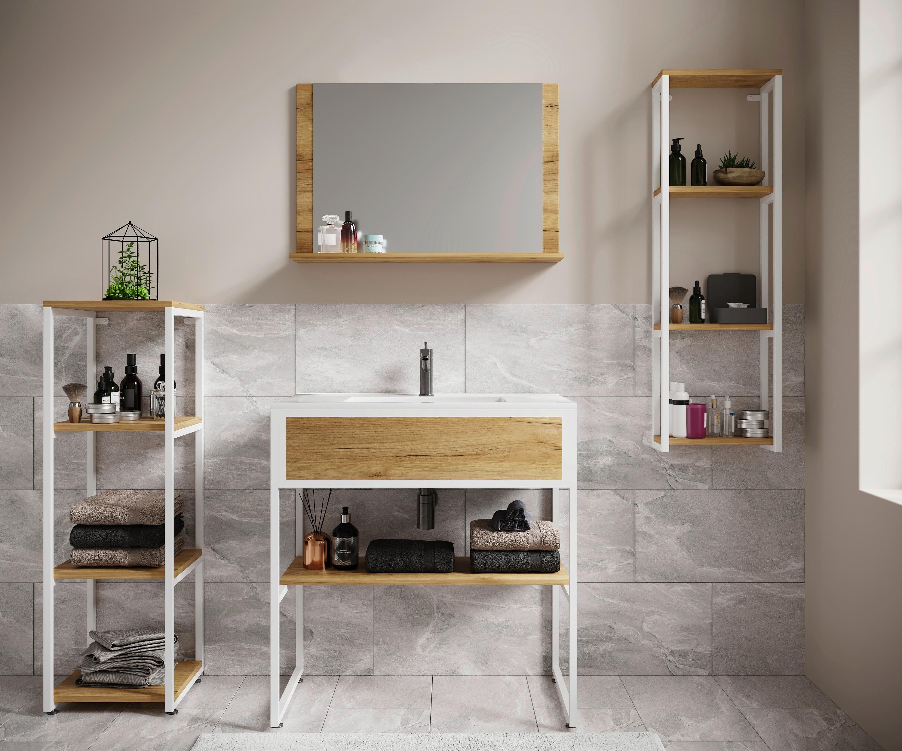 Badezimmer Weiß/Honigeiche, B: 80 cm - Honigeiche/Schwarz, MODERN, Glas/Keramik (80/85/46cm) - MID.YOU