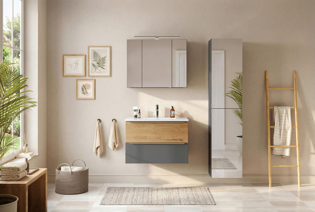 WASCHTISCHKOMBI Verona Grau/Wildeiche B: 80cm - Wildeiche/Weiß, Trend, Holzwerkstoff/Stein (80/54/47cm) - Held
