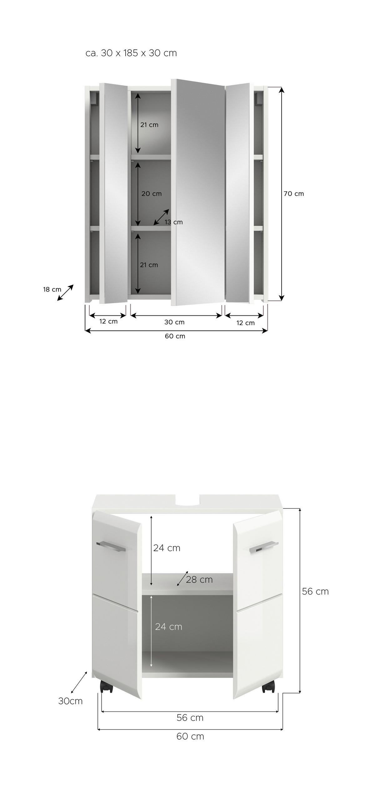 BADEZIMMER Ice Weiß/Weiß HG B: 60cm - Weiß Hochglanz/Schwarz, Trend, Glas/Holzwerkstoff (60cm) - MID.YOU