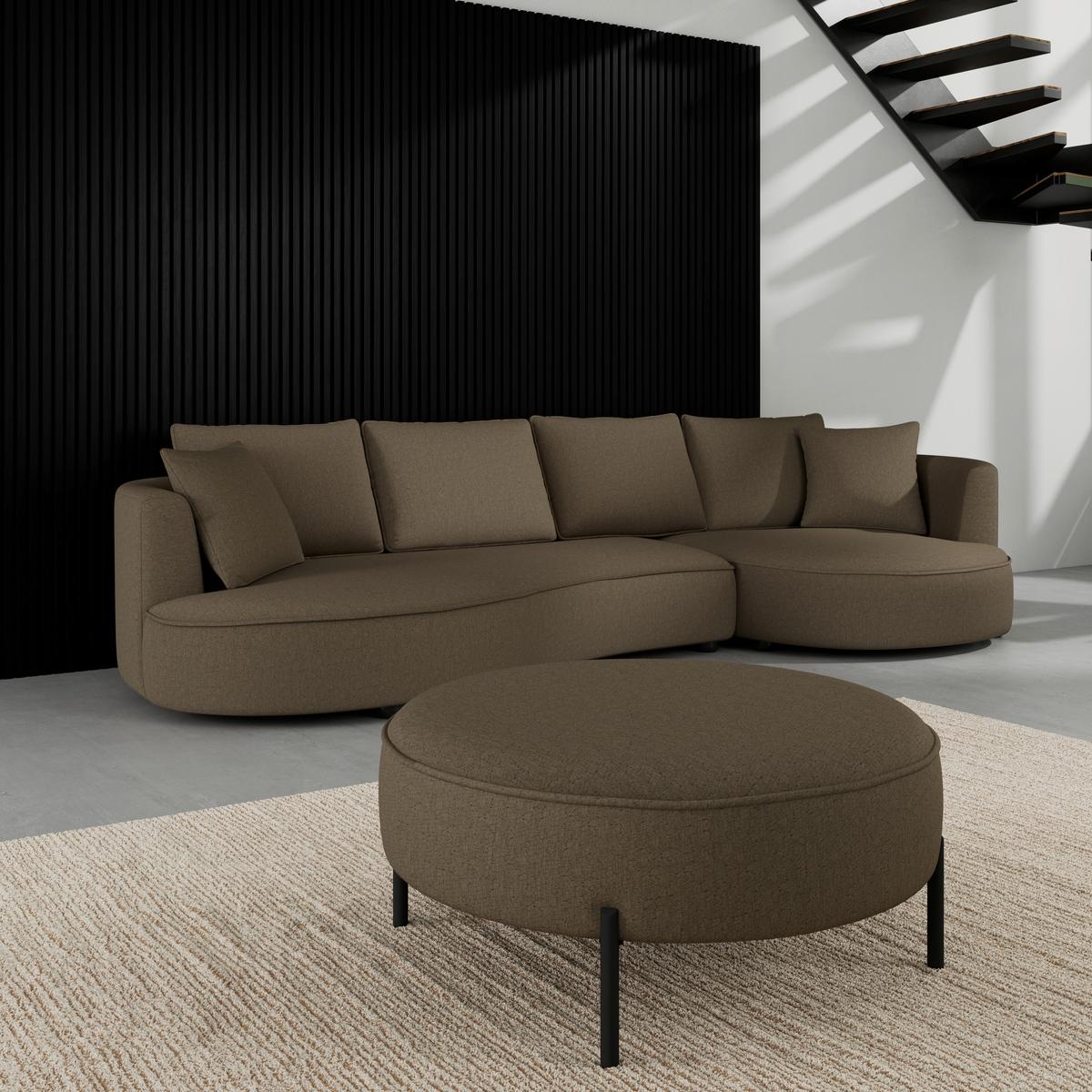 Sedací souprava NILAS, hnědá žinylka, s taburetem - černá/hnědá, Moderní, kov/dřevo (322/80/154cm) - Bessagi Home