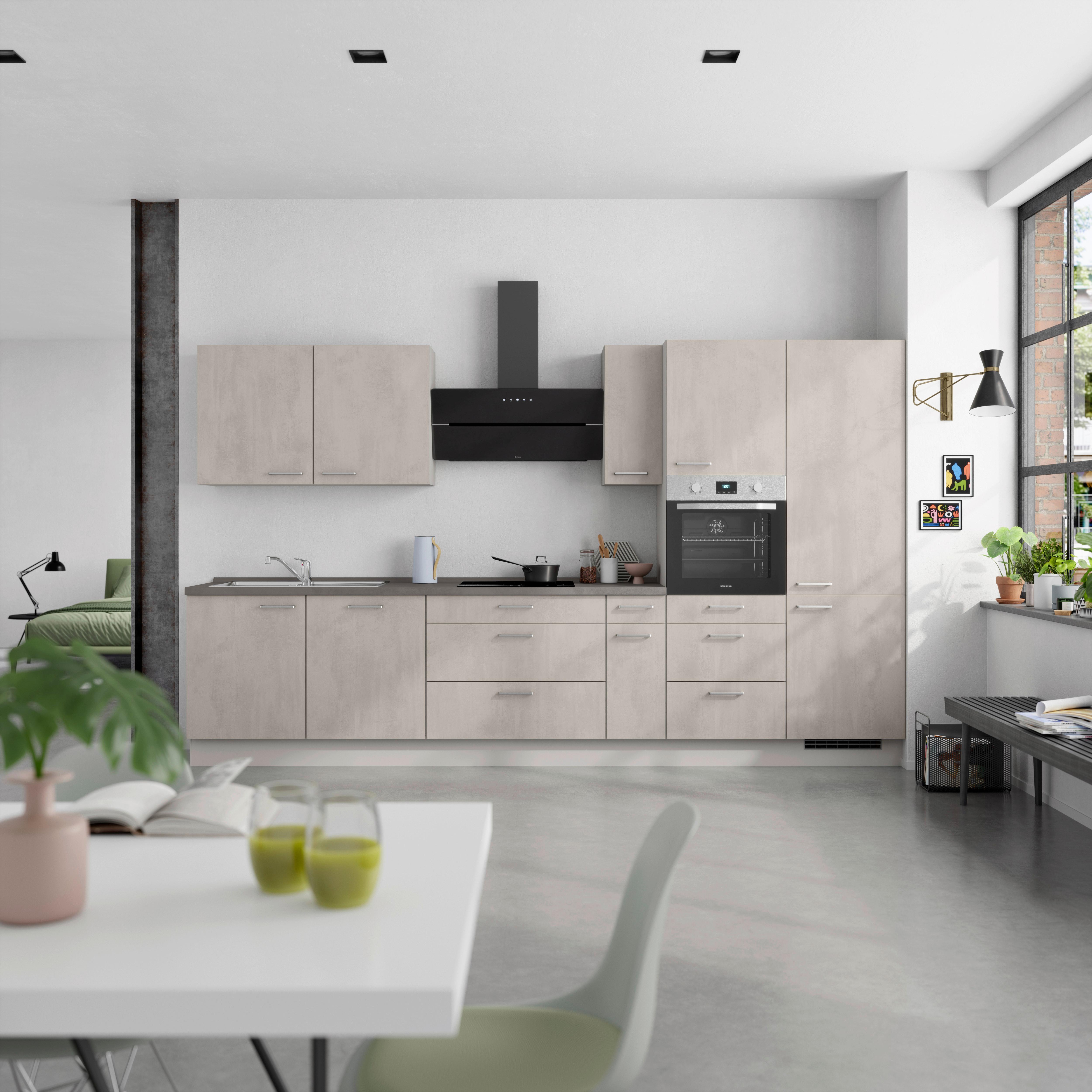 Kuchynská linka 360 cm, šedý betón/ kamenná šedá - sivá/farba ušľachtilej ocele, Modern, kov/kompozitné drevo (360cm) - Nobilia