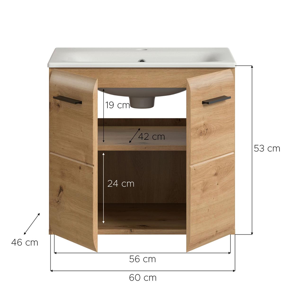 Waschtischkombi Ice Eiche Artisan Dekor B: 60cm - Eiche Artisan/Weiß, Basics, Keramik/Holzwerkstoff (60/55/46cm) - MID.YOU