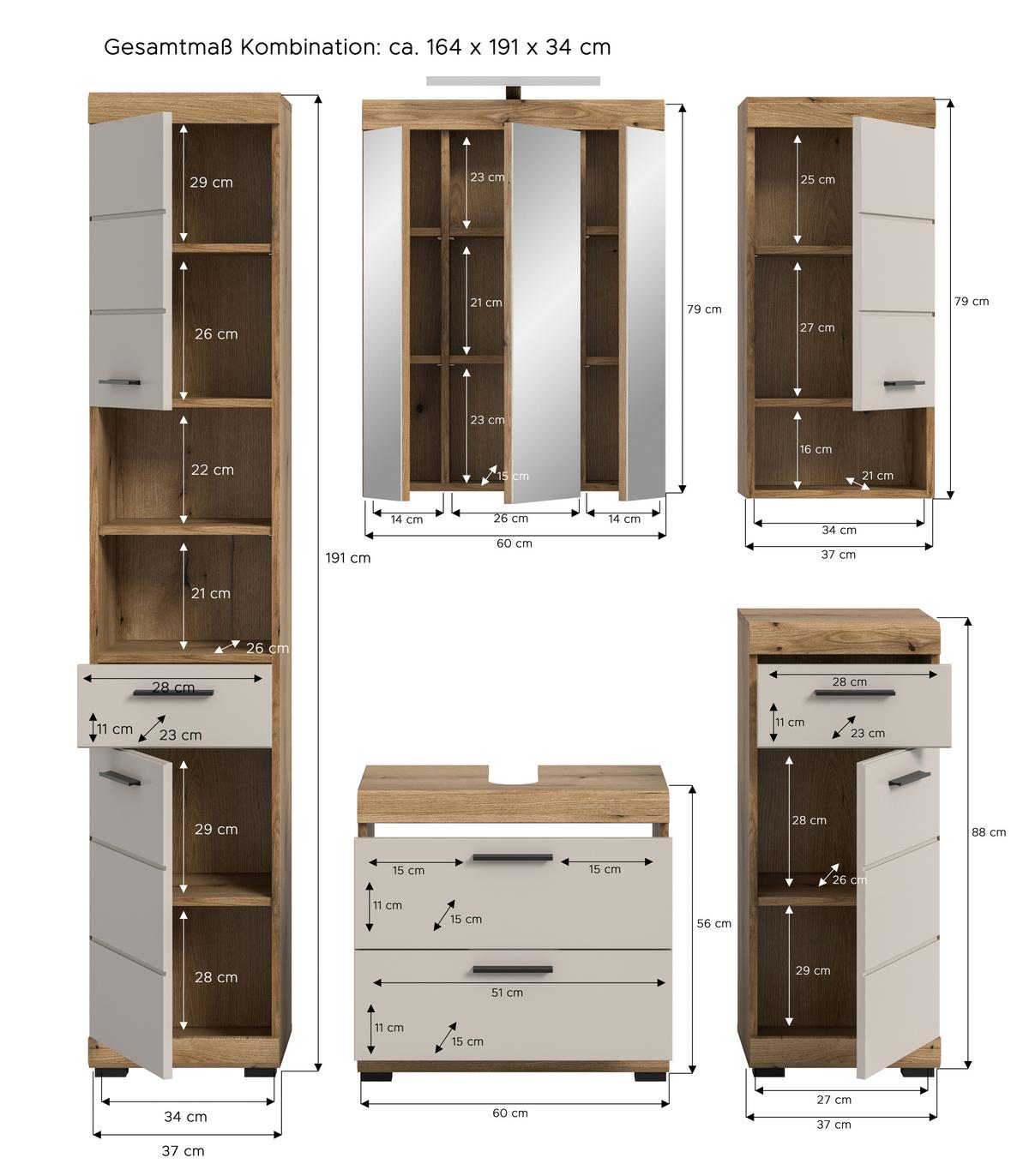Badezimmer Scout Kaschmir/Naturfarben B: 134 cm - Kaschmir/Schwarz, MODERN, Glas/Holzwerkstoff (134cm) - MID.YOU