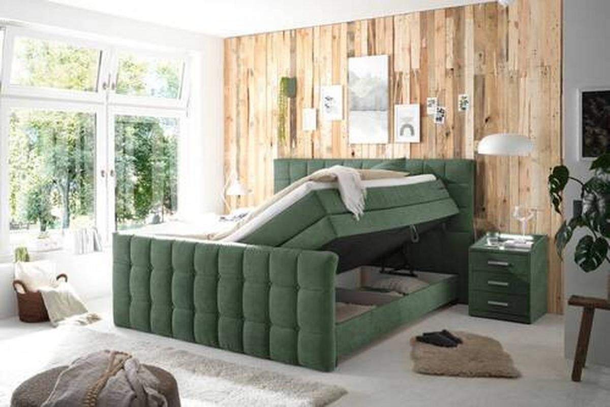 Boxspringbett Mit Topper & Bettkasten 180x200 Mendoza - Schwarz/Olivgrün, MODERN, Holzwerkstoff/Textil (180/200cm) - MID.YOU