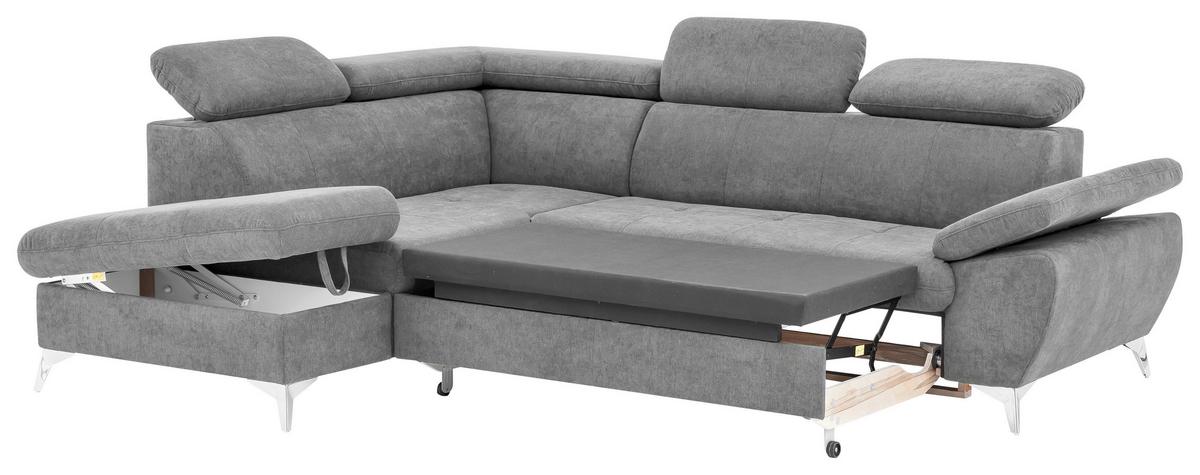 Ecksofa Mit Schlaffunktion Und Bettkasten Gisele Grau - Chromfarben/Hellgrau, KONVENTIONELL, Textil (209/256cm) - Livetastic