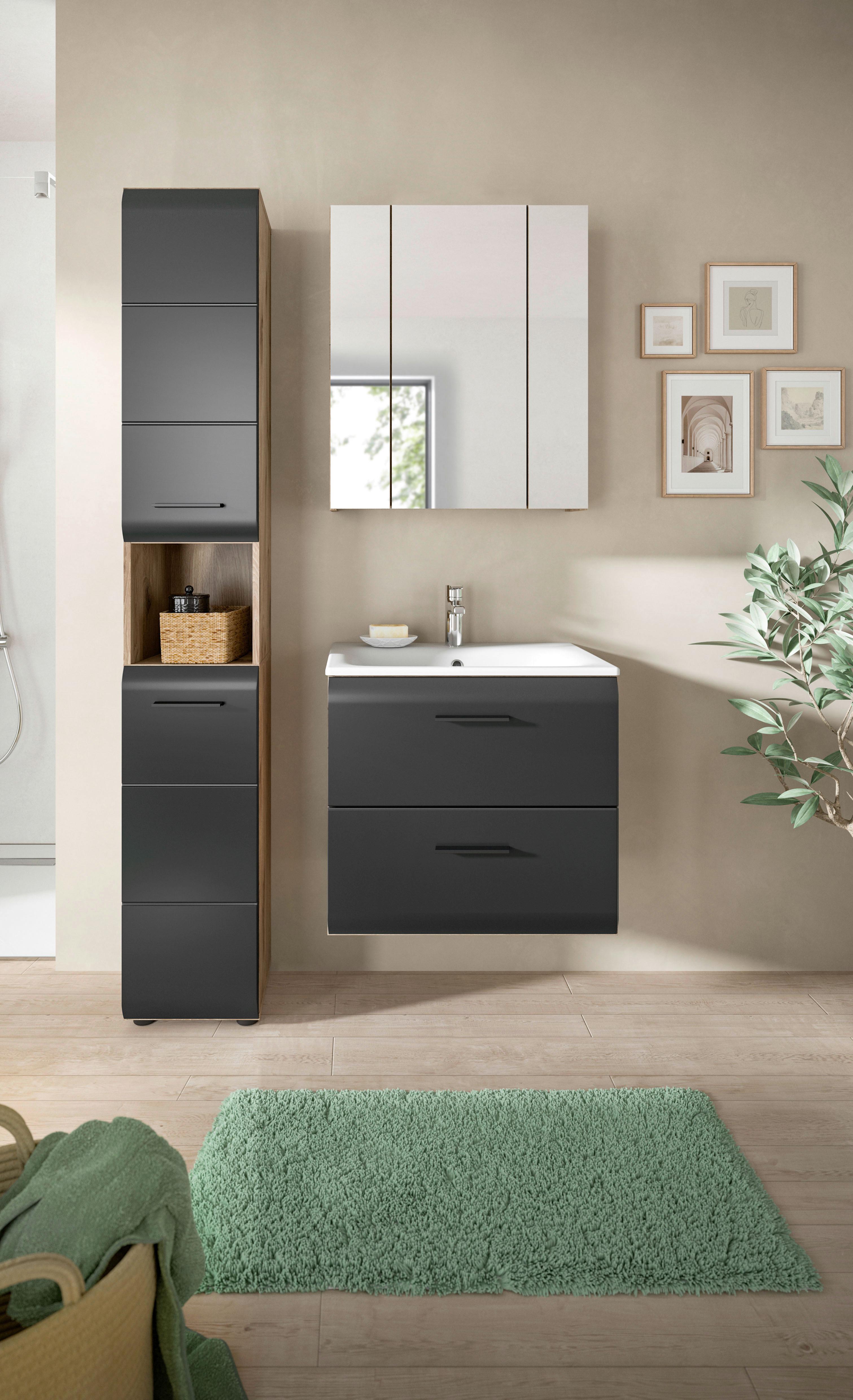 Koupelna Ice 3-dílna, černá/Dub tmavy - bílá/černá, Basics, kompozitní dřevo/plast (90cm) - MID.YOU