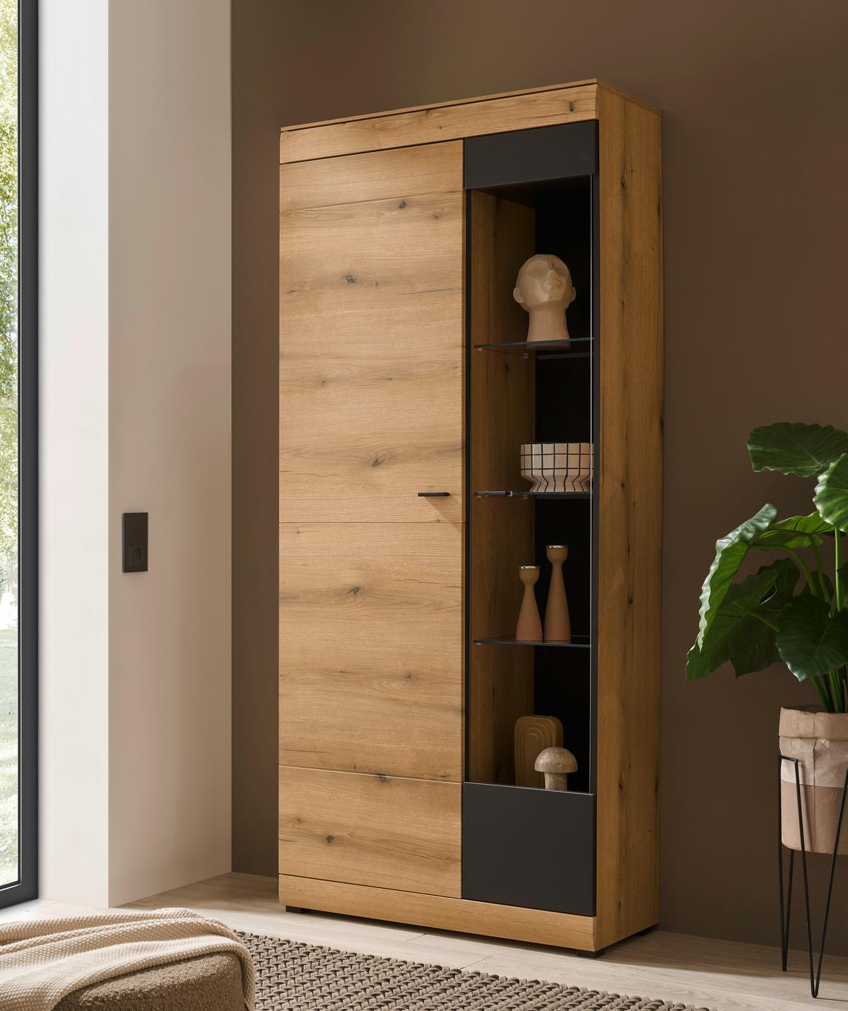 Vitrine Soleto Graphit-/Eichefarben B: 90cm - Eichefarben/Schwarz, Design, Holzwerkstoff (90/201/35cm) - MID.YOU
