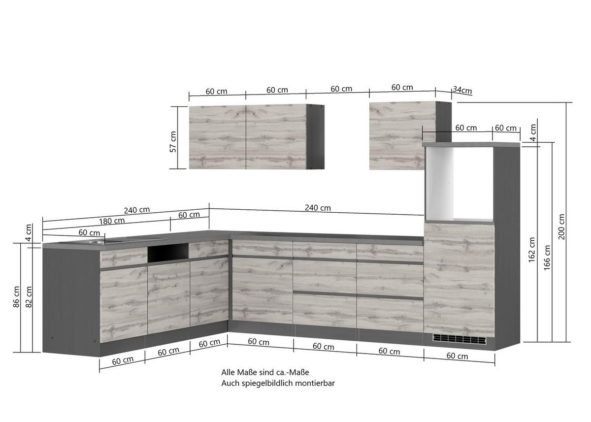 Eckküche Turin Ohne Geräte B: 300cm Grau/wotaneiche Dekor - Eiche Wotan/Grau, Design, Holzwerkstoff (300cm) - Held
