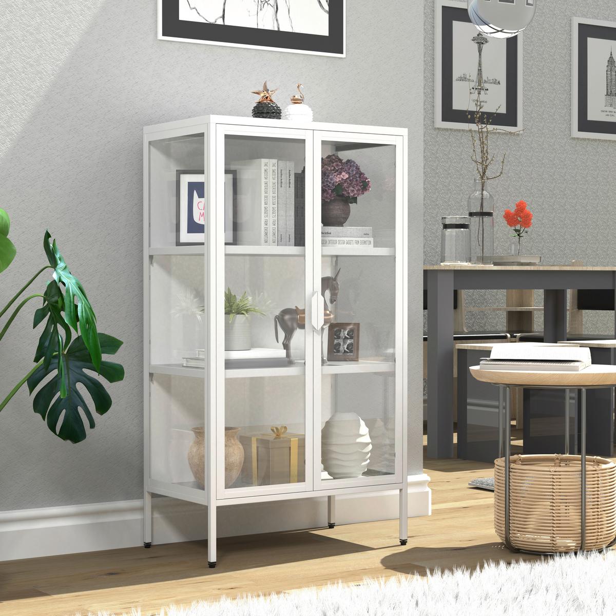 Vitrine Floka Weiß B: 60 cm - Transparent/Weiß, Design, Glas/Metall (60/110/35cm) - MID.YOU