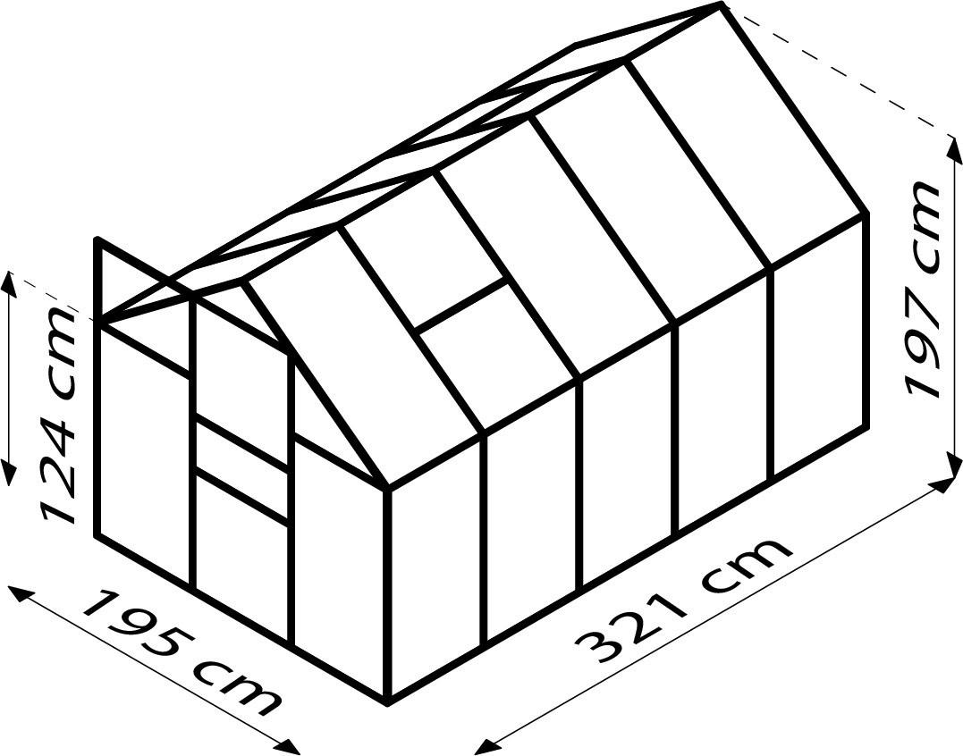 Gewächshaus mit rechteckiger Grundfläche, Satteldach und Dachfenster