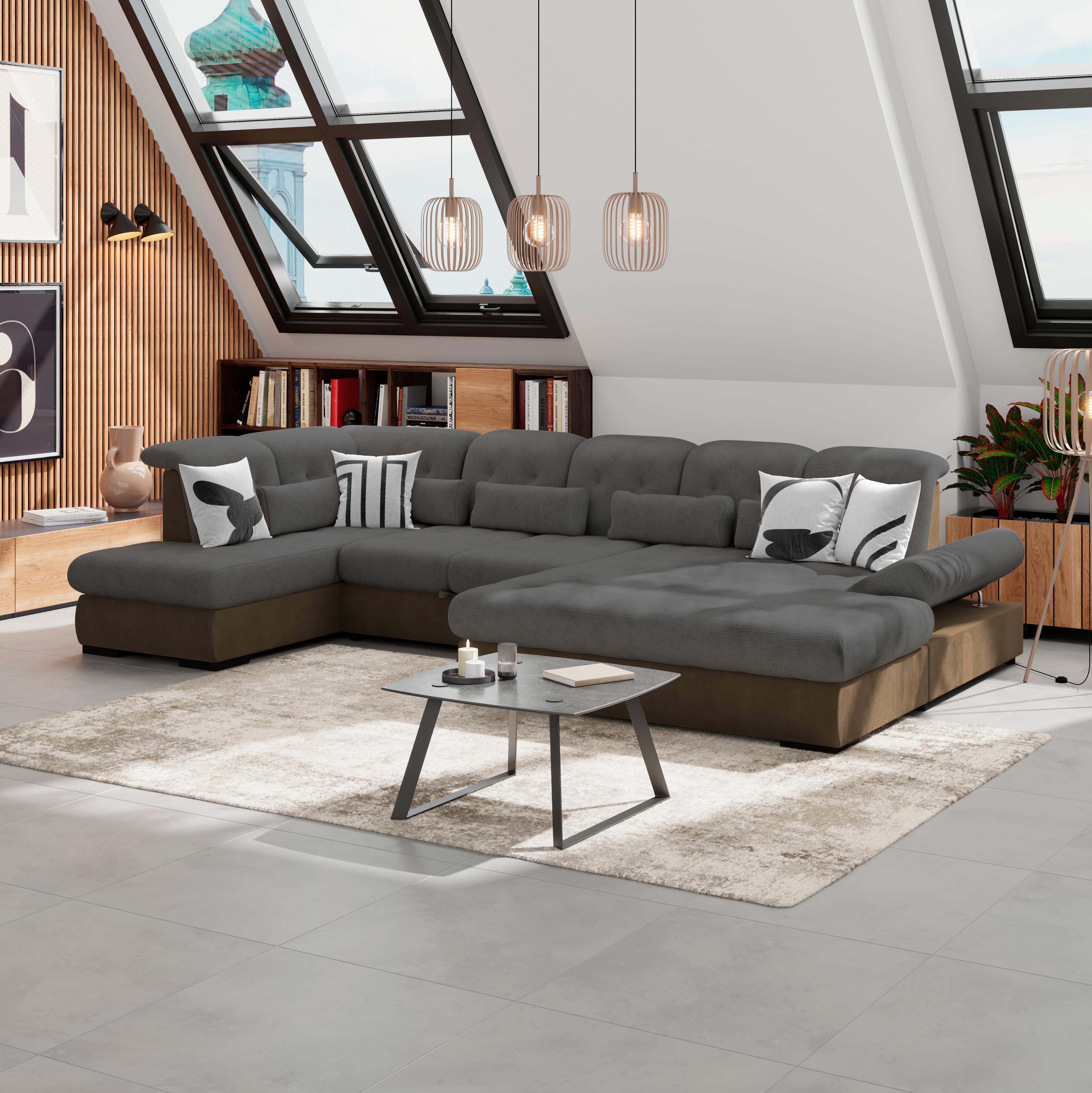 Wohnlandschaft Madera Mit Schlaffunktion Anthrazit - Hellbraun/Anthrazit, KONVENTIONELL, Kunststoff/Textil (212/358/190cm)