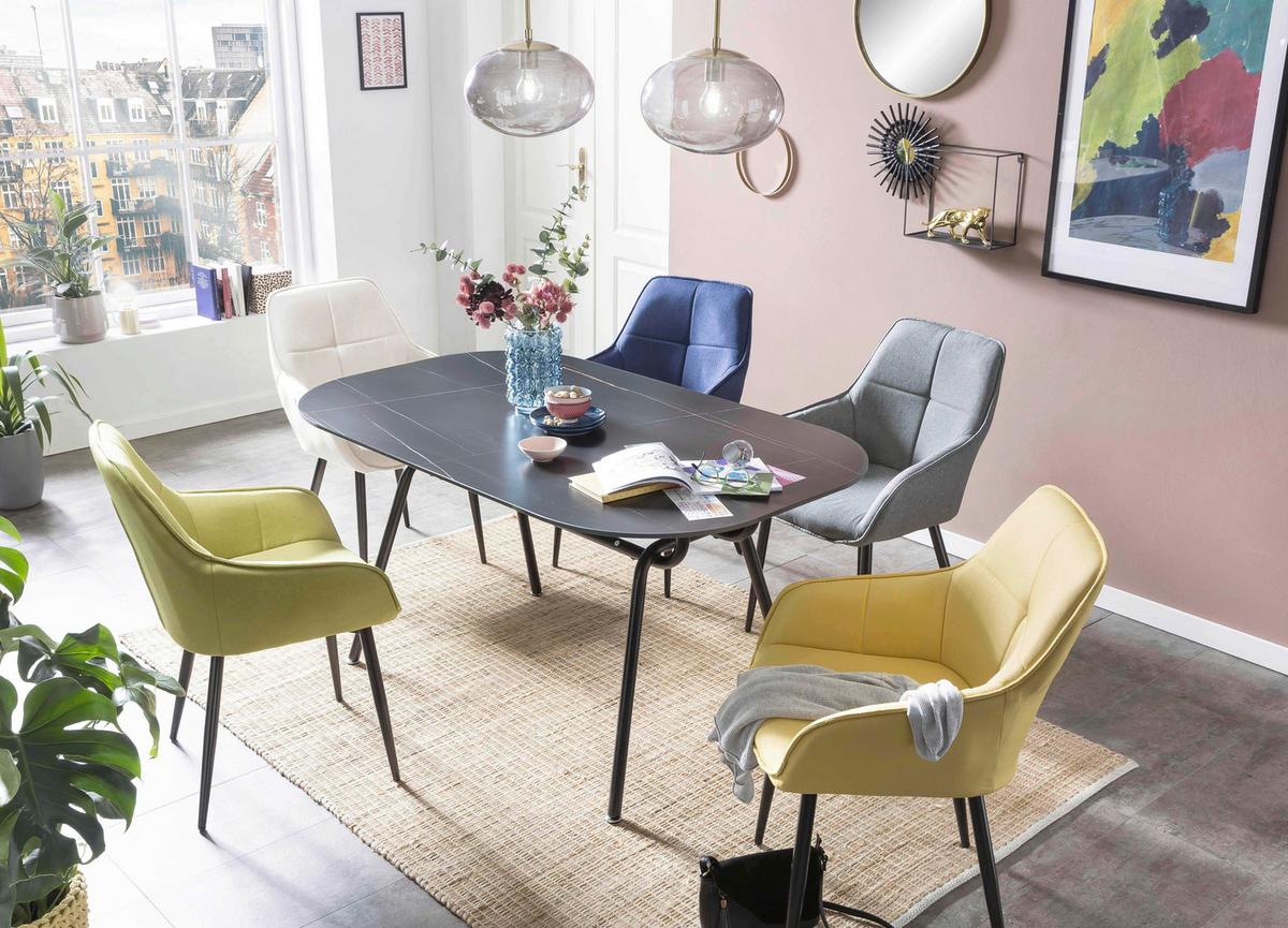 Armlehnstuhl Leinen Blau, B: 55cm - Blau/Schwarz, Design, Textil/Metall (55/86/46cm) - Livetastic