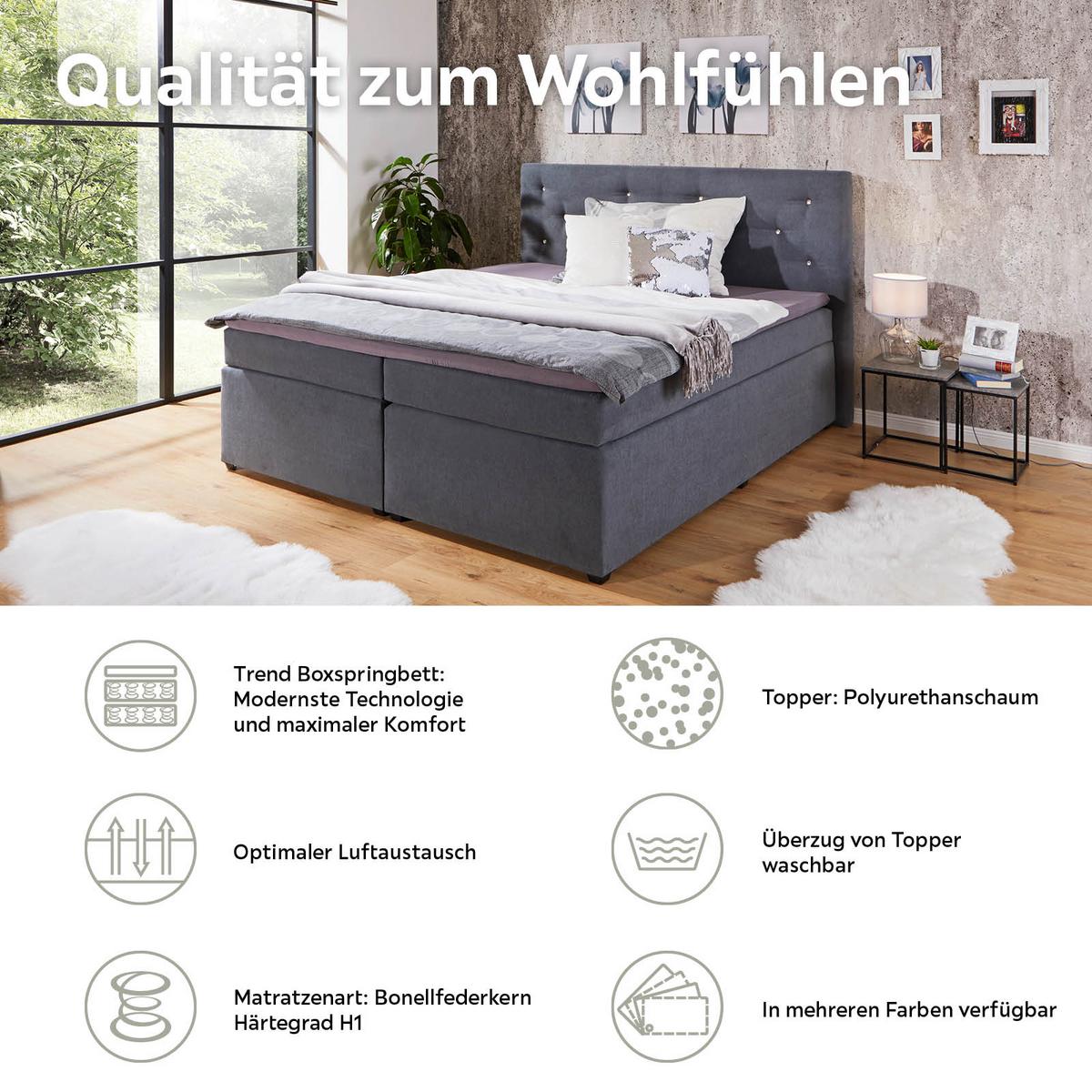 Boxspringbett Mit Topper, Strasssteinen 180x200 Luminosa - Anthrazit/Schwarz, MODERN, Textil (180/200cm)
