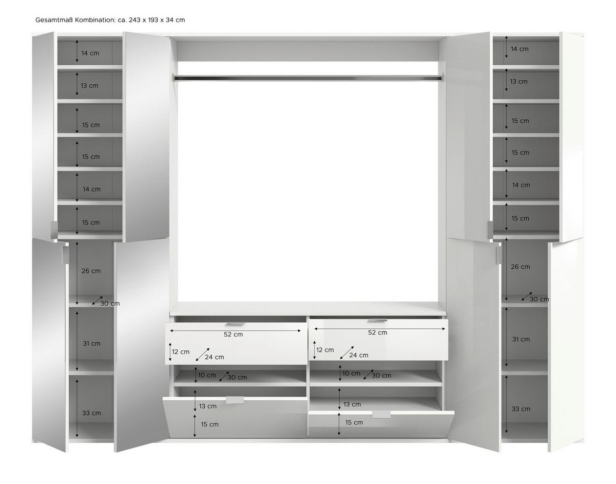 Garderobe Projekt X Eiche Artisan B: 243 Cm - KONVENTIONELL, Glas/Holzwerkstoff (243/193/34cm) - MID.YOU