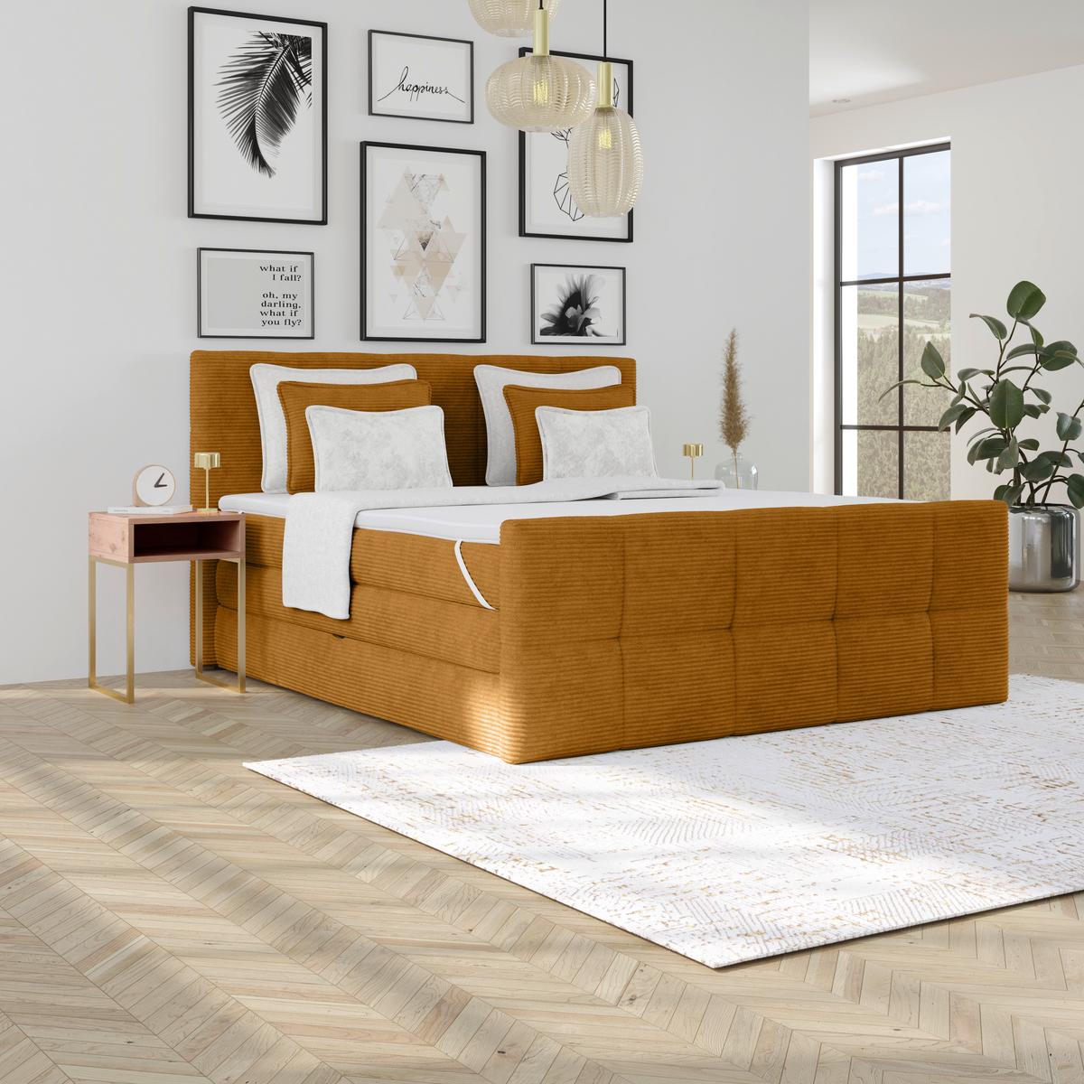 Boxspringbett mit Topper und Bettkasten 180x200 cm Medino - Senfgelb, KONVENTIONELL, Holz/Holzwerkstoff (180/200cm)