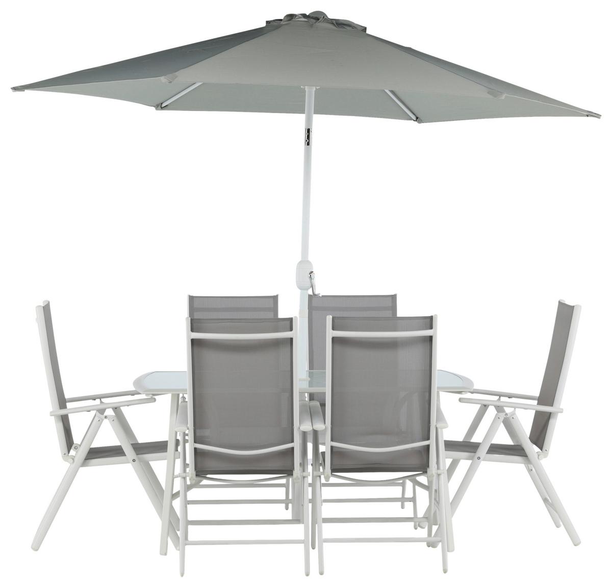 Gartentischgruppe 8-tlg Brekki Aus Aluminium Mit Schirm - Weiß, KONVENTIONELL, Glas/Metall - Gardenson