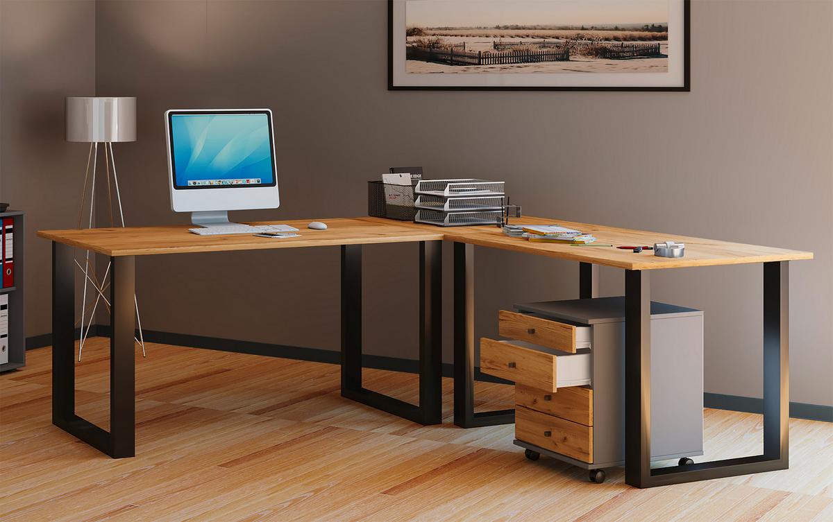 Schreibtisch Lona Schwarz/eiche D. L: 130 Cm - Honigeiche/Silberfarben, Design, Holzwerkstoff/Metall (130/130/76cm) - MID.YOU