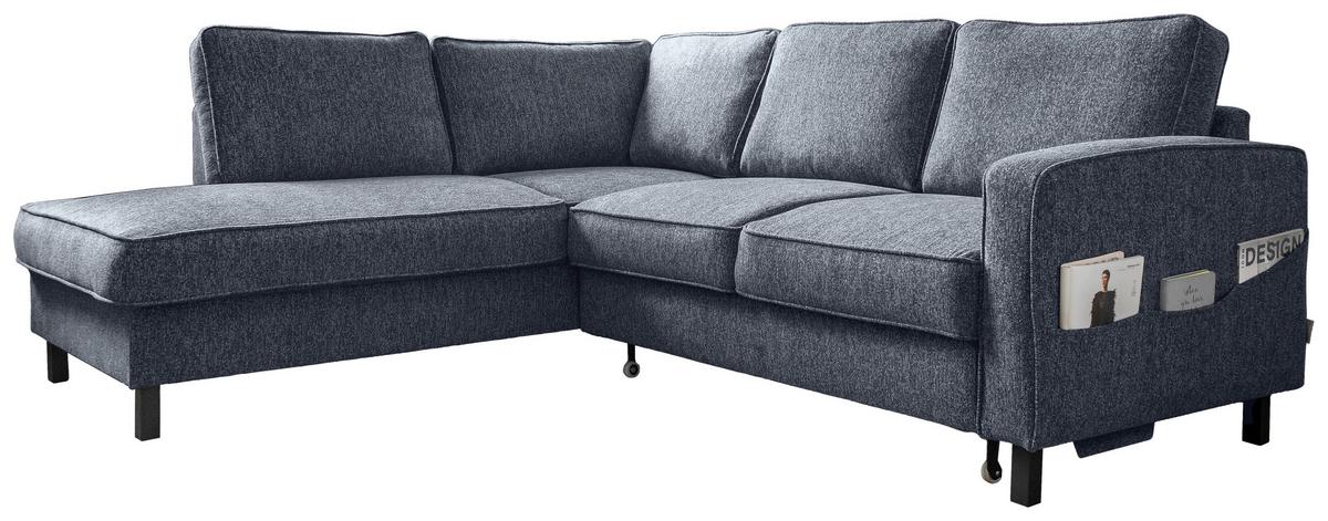 Sedačka MELANIE L, ľavá, tm.modrá, lôžko na spanie - čierna/tmavomodrá, drevo/textil (198/233cm)