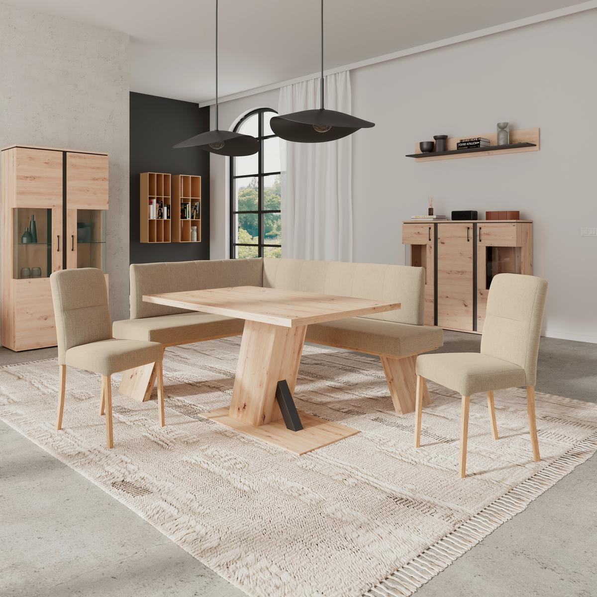 Eckbank Emma Ii Webstoff Beige, B: 150 Cm - Eichefarben/Beige, KONVENTIONELL, Holzwerkstoff/Textil (150/185cm)