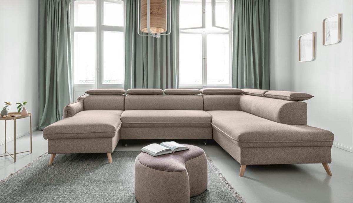 Rozkládaci sedačka Simone, pravé provedení - přírodní barvy/béžová, Moderní, dřevo/textil (321/82/95/208cm)
