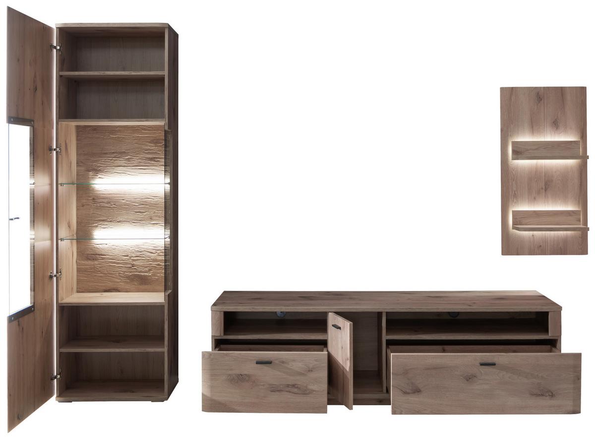 Wohnwand Prato Eiche Dekor B: 270 cm - Eichefarben, Design, Glas/Holzwerkstoff (270/199/50cm) - MID.YOU