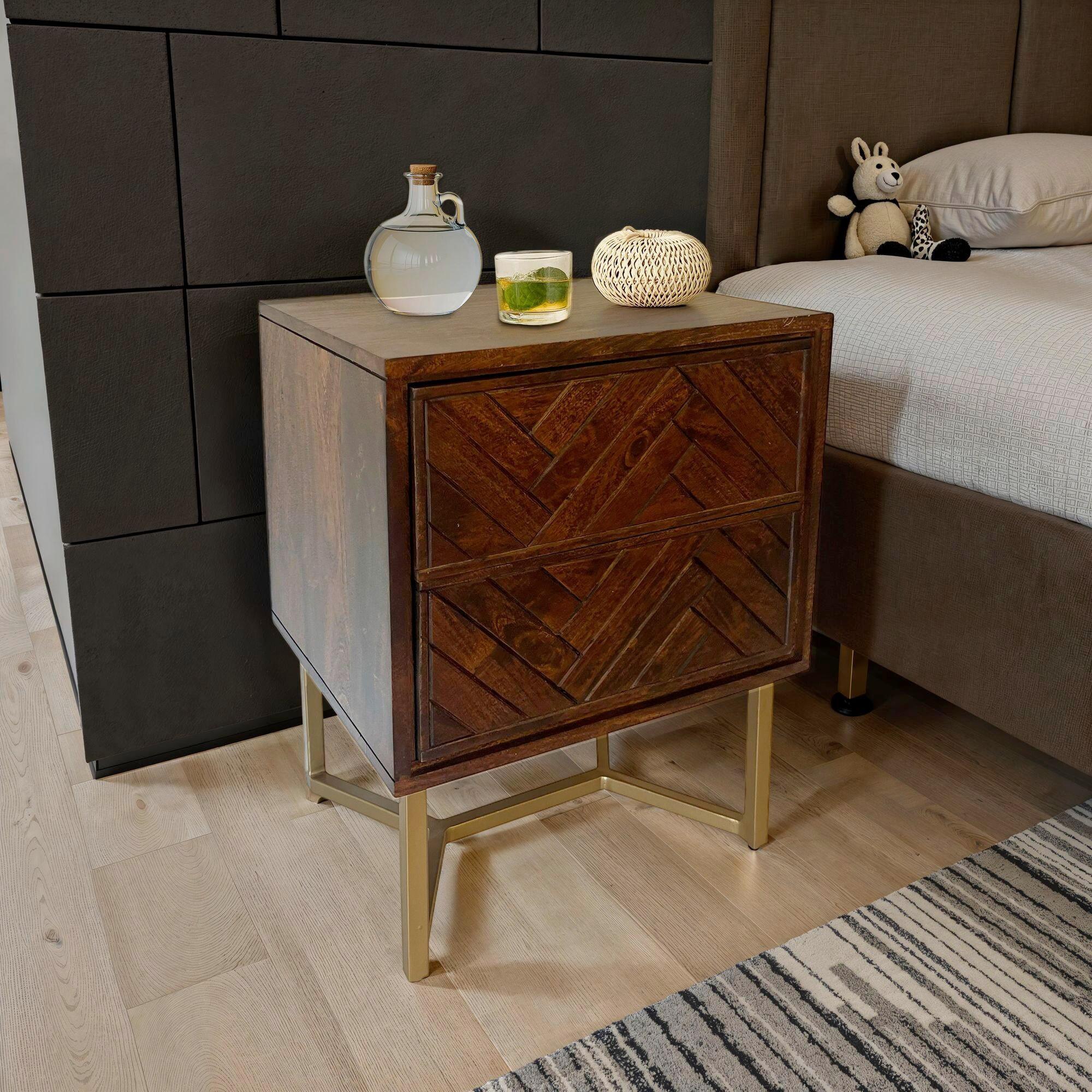 Nachttisch Dunkelbraun B: 45 cm - Dunkelbraun/Goldfarben, Natur, Holz/Metall (45/40/57cm) - Livetastic