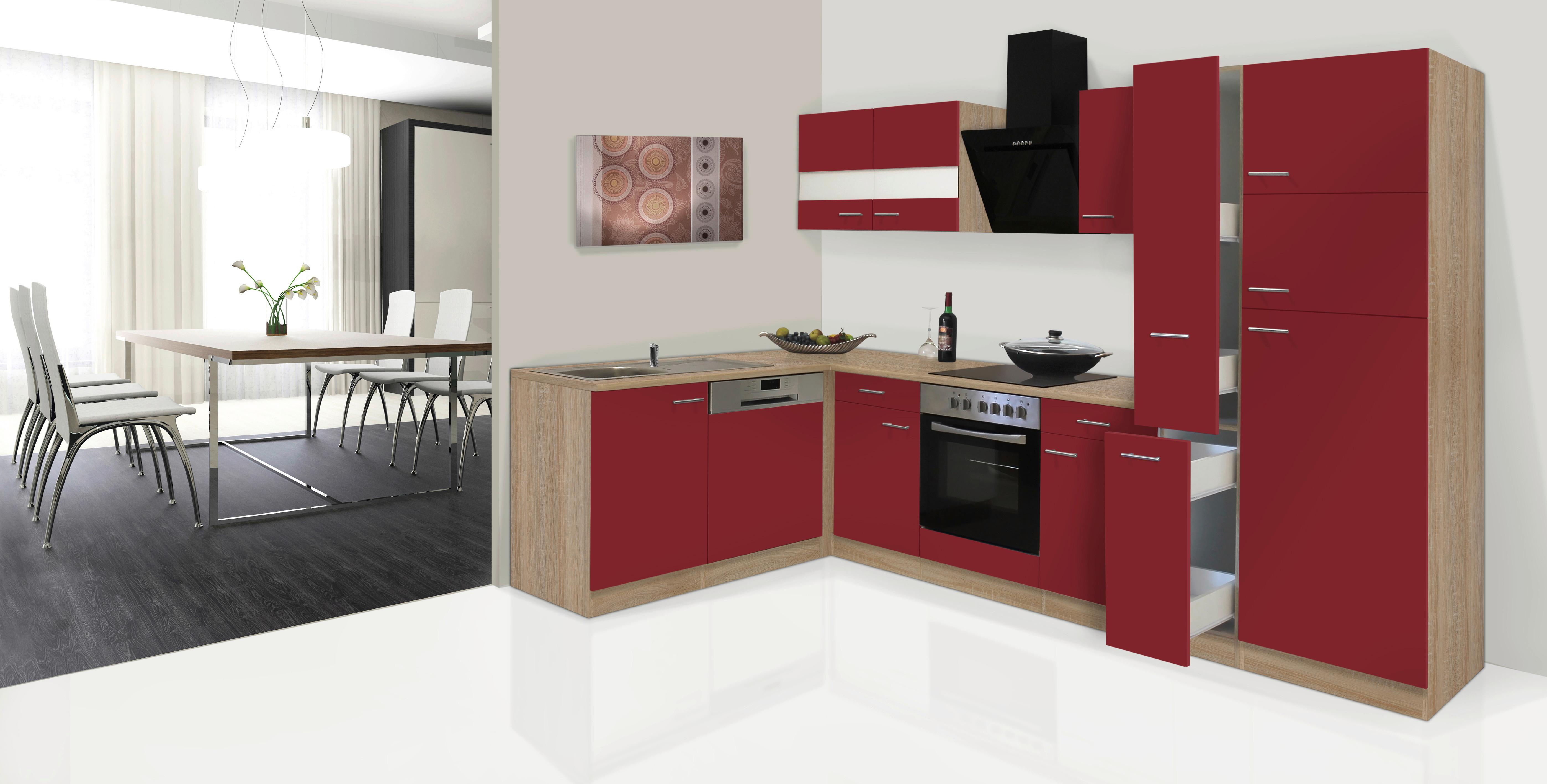 Eckküche Economy mit Geräten 172x310 cm Rot/Eiche Dekor - Eichefarben/Rot, Basics, Glas/Holzwerkstoff (172/310cm) - Respekta