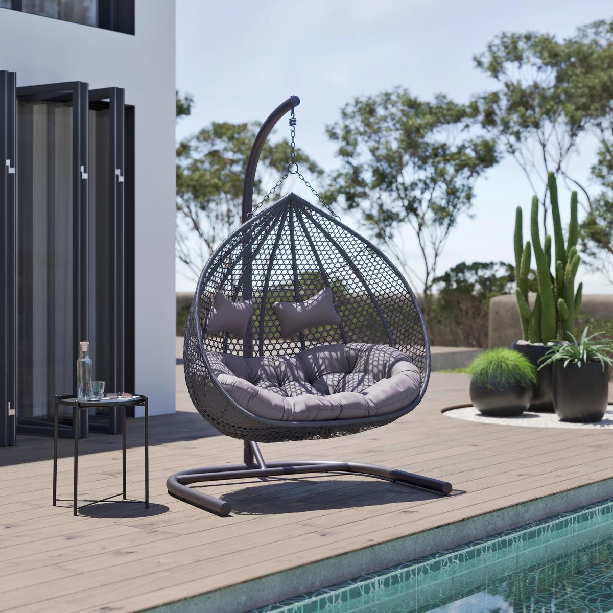 XXL Závěsné křeslo Bari včetně polštářů - šedá/tmavě šedá, Moderní, kov/textil (130/201/116cm) - Bessagi Garden