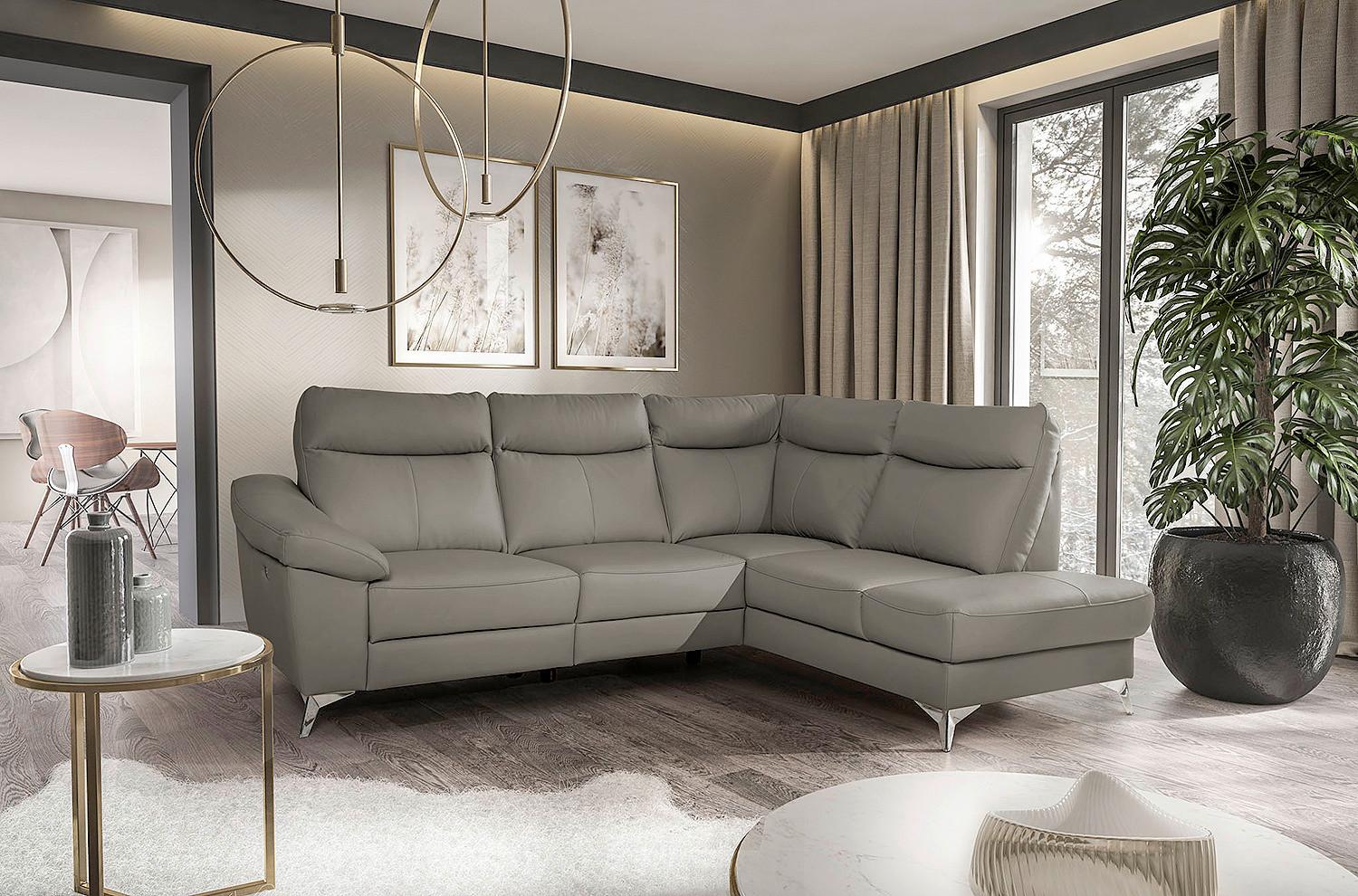 Ecksofa Luna Teilleder schlammfarben 242x194 - Chromfarben/Schlammfarben, Design, Leder/Textil (242/194cm) - Livetastic