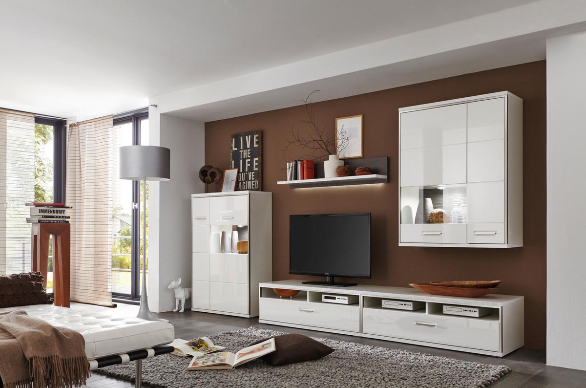 Wohnkombination 5-tlg. Trento Grau/silbern/weiß - Weiß Hochglanz/Silberfarben, Design, Glas/Holzwerkstoff (351/201/52cm) - Livetastic