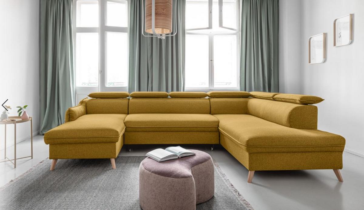 Rozkladacia sedačka Simone, pravé prevedenie - horčicovožltá/prírodná farba, Modern, drevo/textil (321/82/95/208cm)