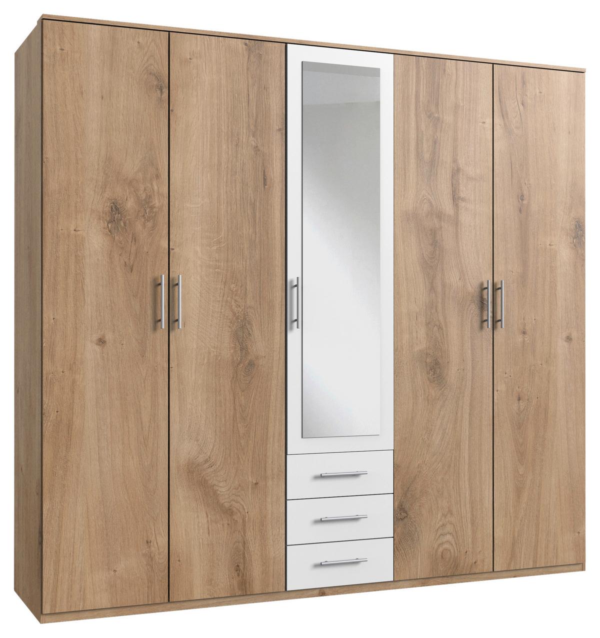Drehtürenschrank Mit Spiegel + Laden 225cm Ben, Eiche/weiß - Eichefarben/Weiß, KONVENTIONELL, Glas/Holzwerkstoff (225/210/58cm) - MID.YOU