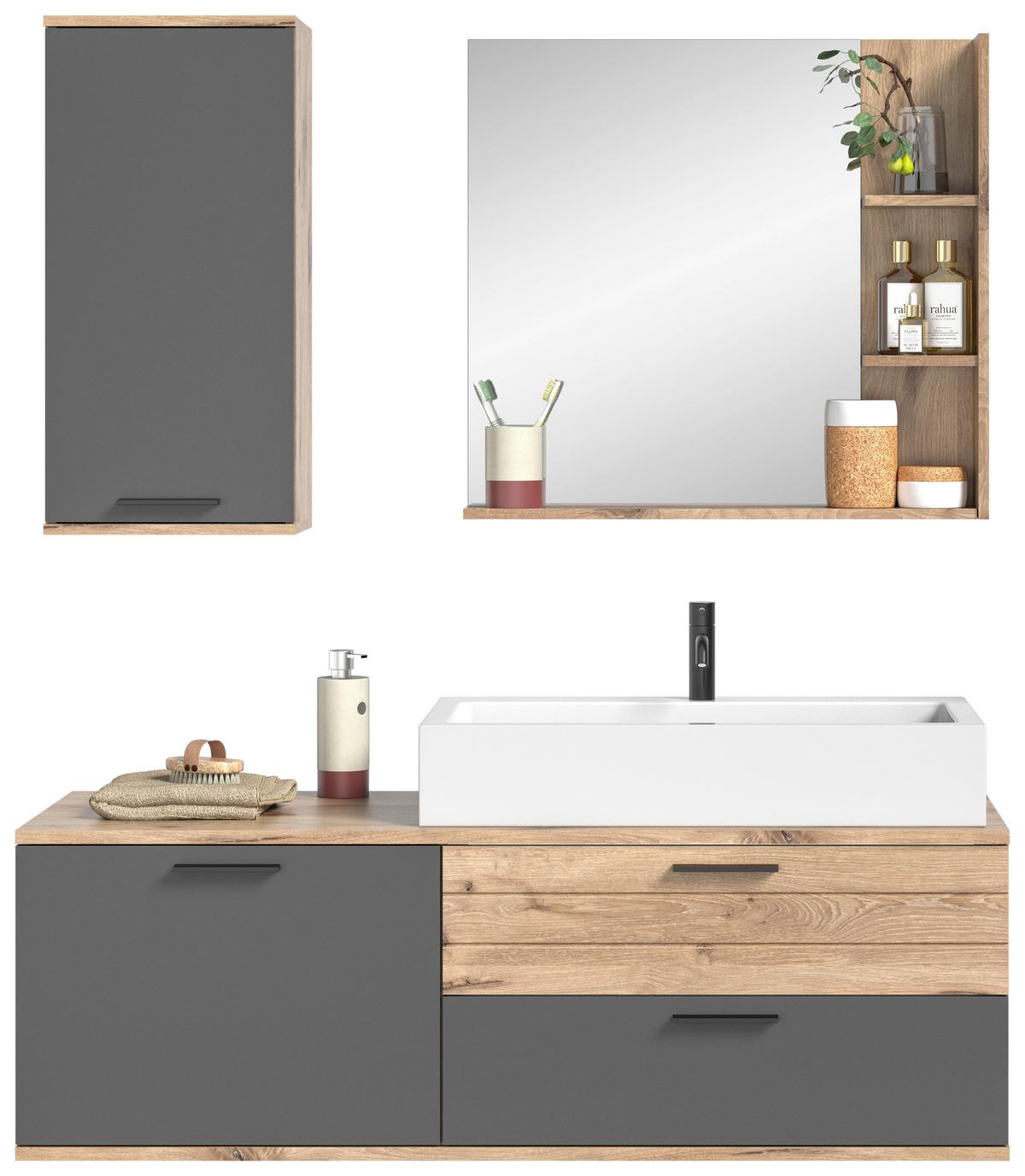 Badezimmer Mason Eiche Dekor Grau - Eichefarben/Weiß Hochglanz, MODERN, Glas/Keramik (140cm) - MID.YOU